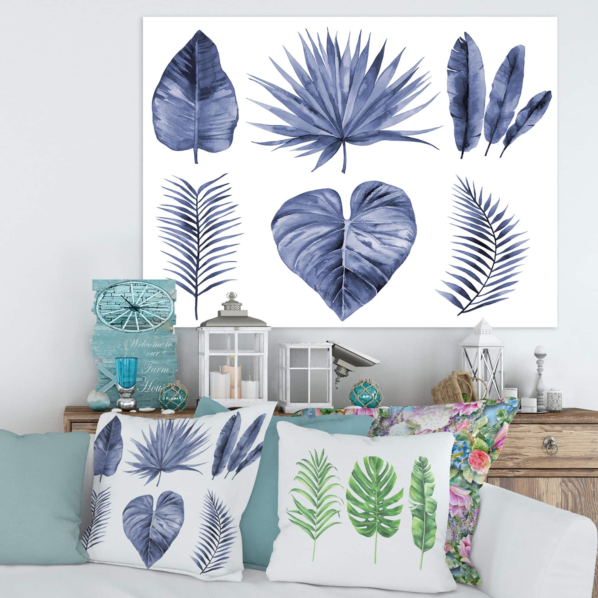 Designart - Tropical Blue Watercolour Leaves IV - Traditional Canvas Wall Art Print