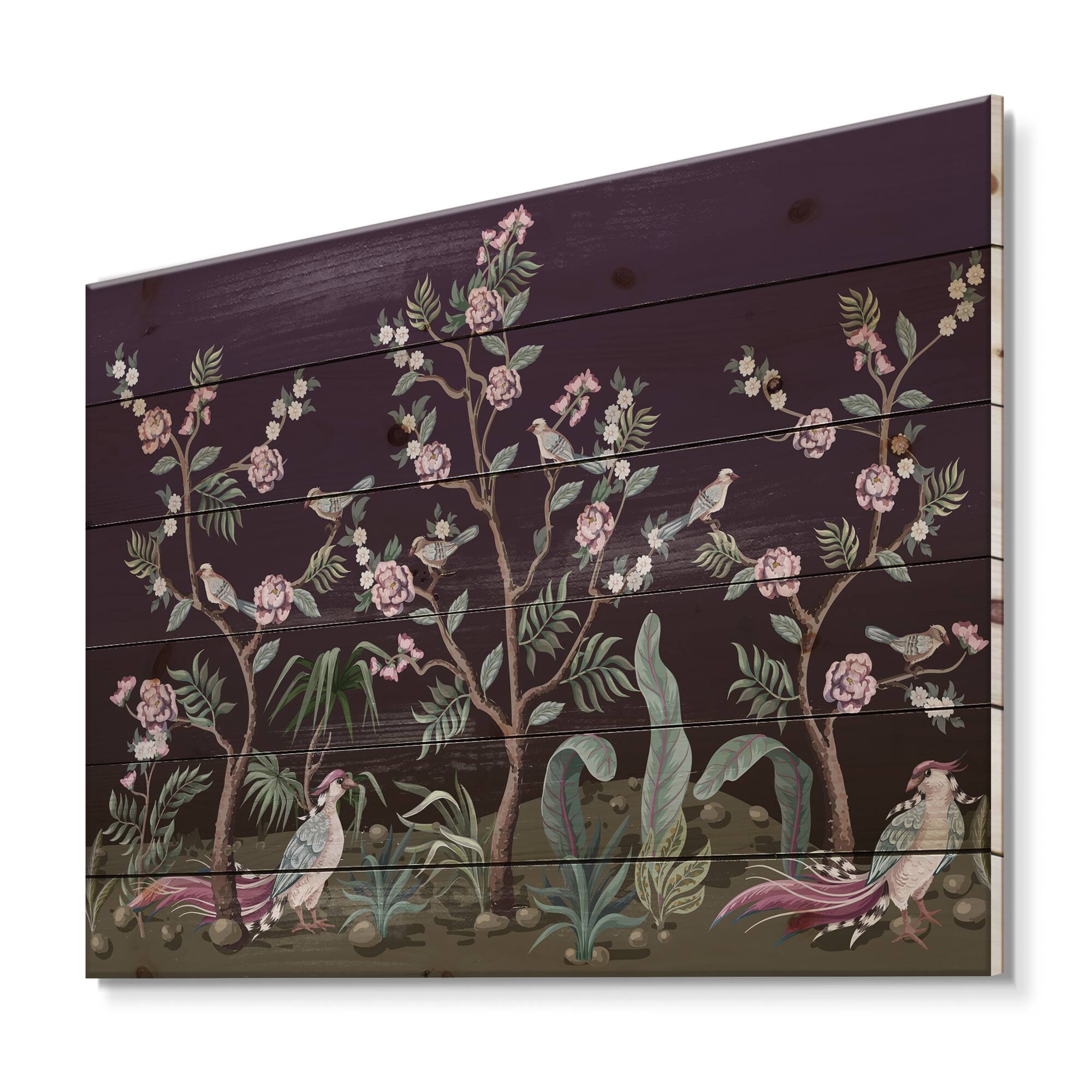 Designart - Chinoiserie With Birds and Peonies I - Traditional Print on Natural Pine Wood