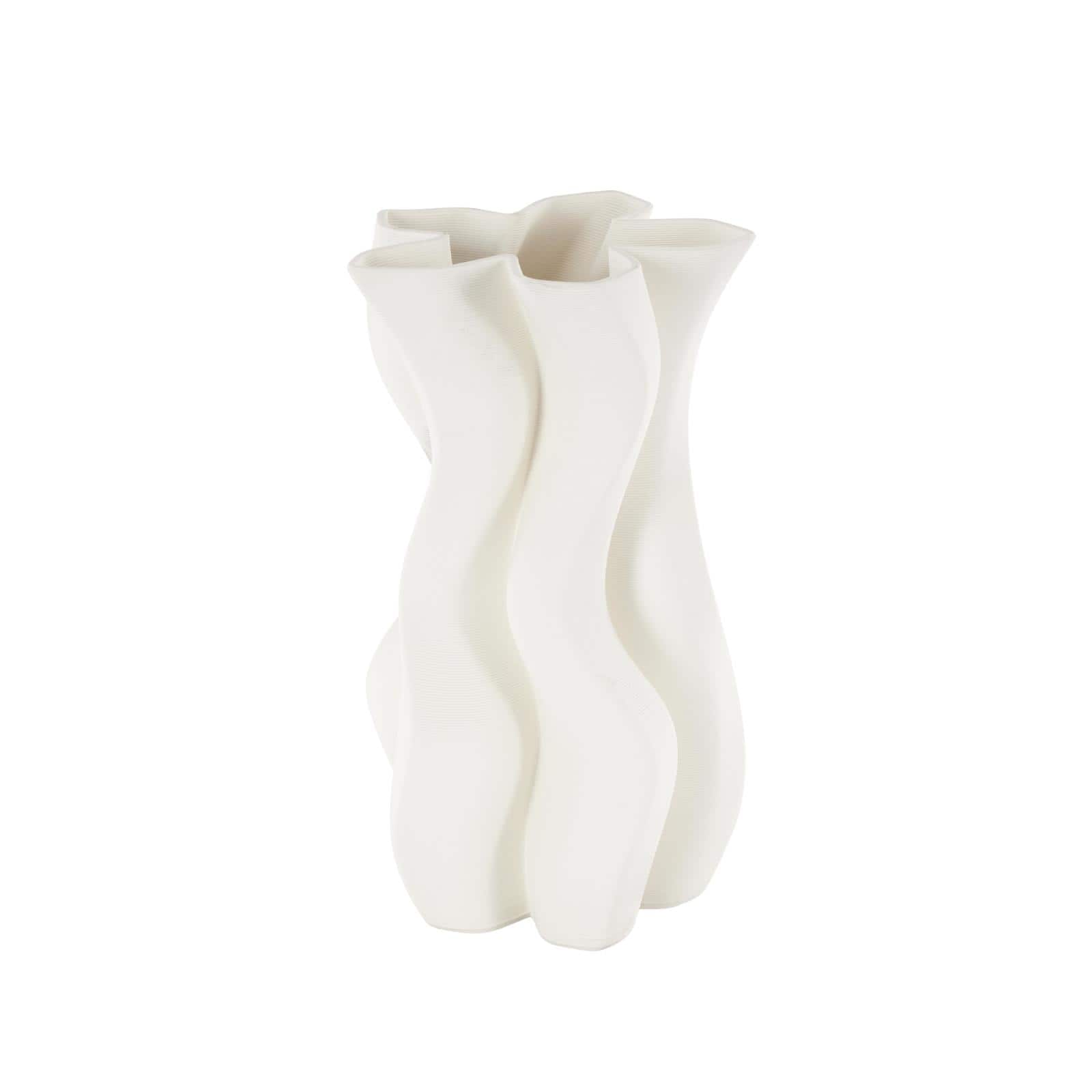 White Ceramic Abstract Ribbed Dimensional Wavy Vase with Floral Shaped Rim