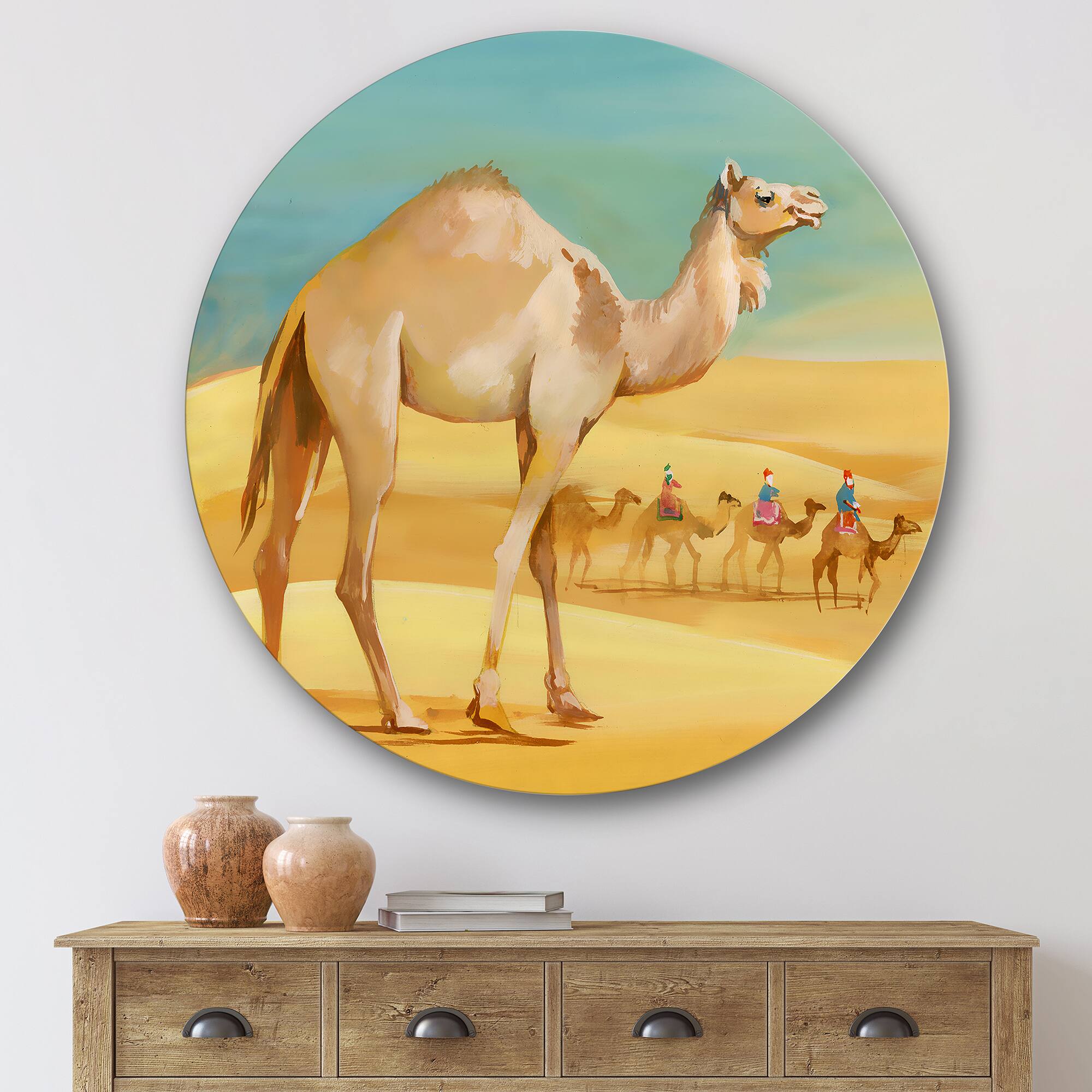 Designart - Camels In Desert - Farmhouse Metal Circle Wall Art