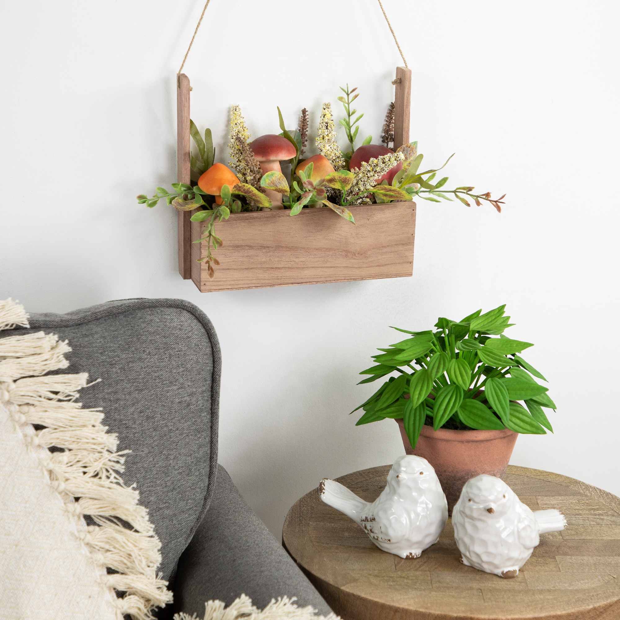 19" Mushroom & Foliage Wooden Fall Harvest Hanging Basket