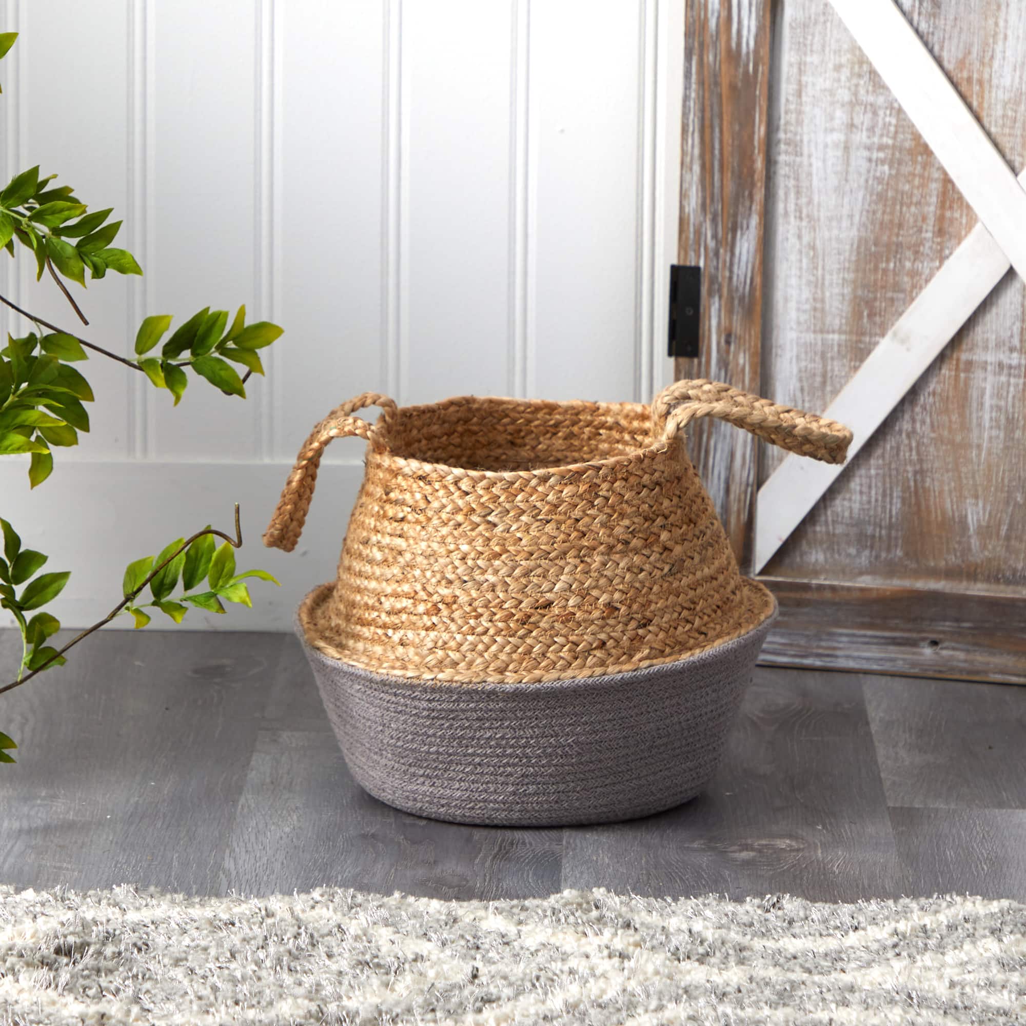 12" Boho Chic Handmade Cotton & Jute Gray Woven Basket Planter