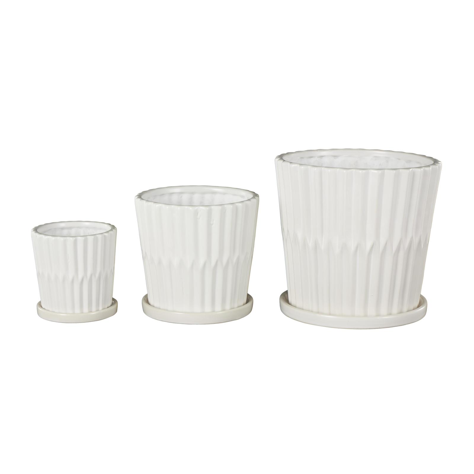 White Double Ribbed Textured Ceramic Planter Set