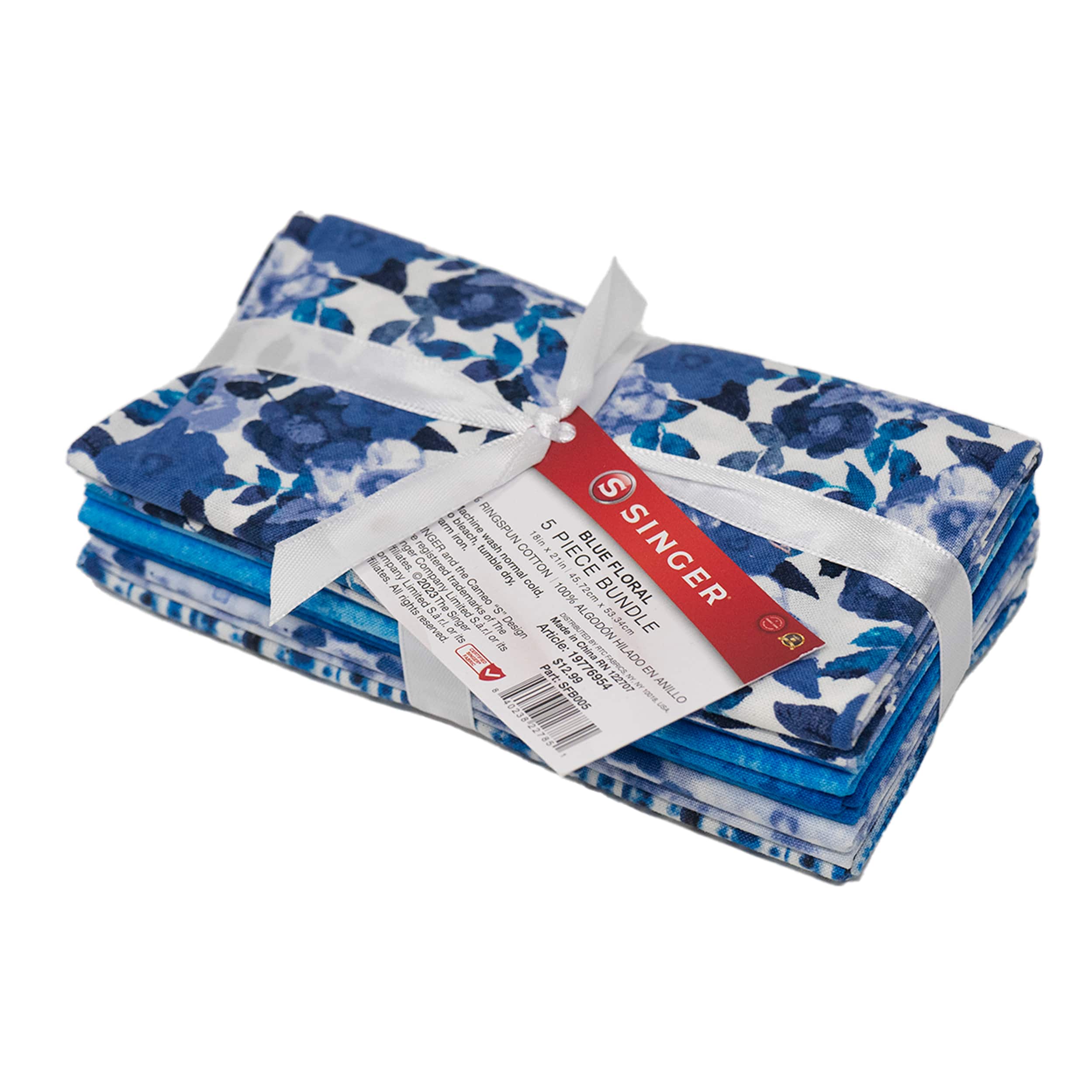 SINGER 18" x 21" Blue Floral Print Cotton Fabric Bundle