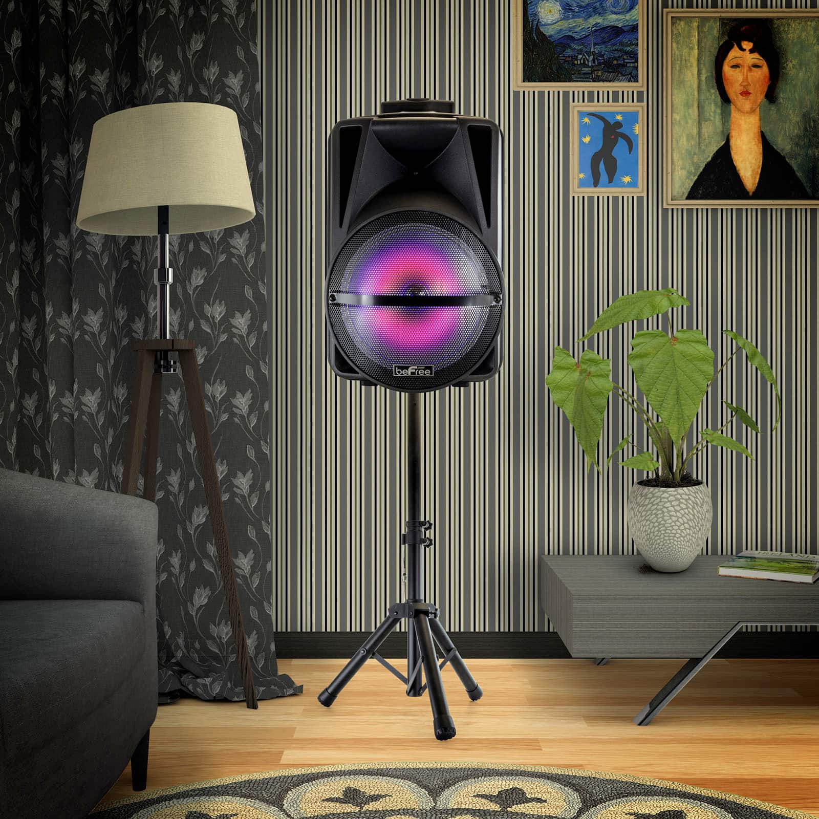 beFree Sound 12" Bluetooth Rechargeable Portable PA Party Speaker With Reactive LED Lights & Stand