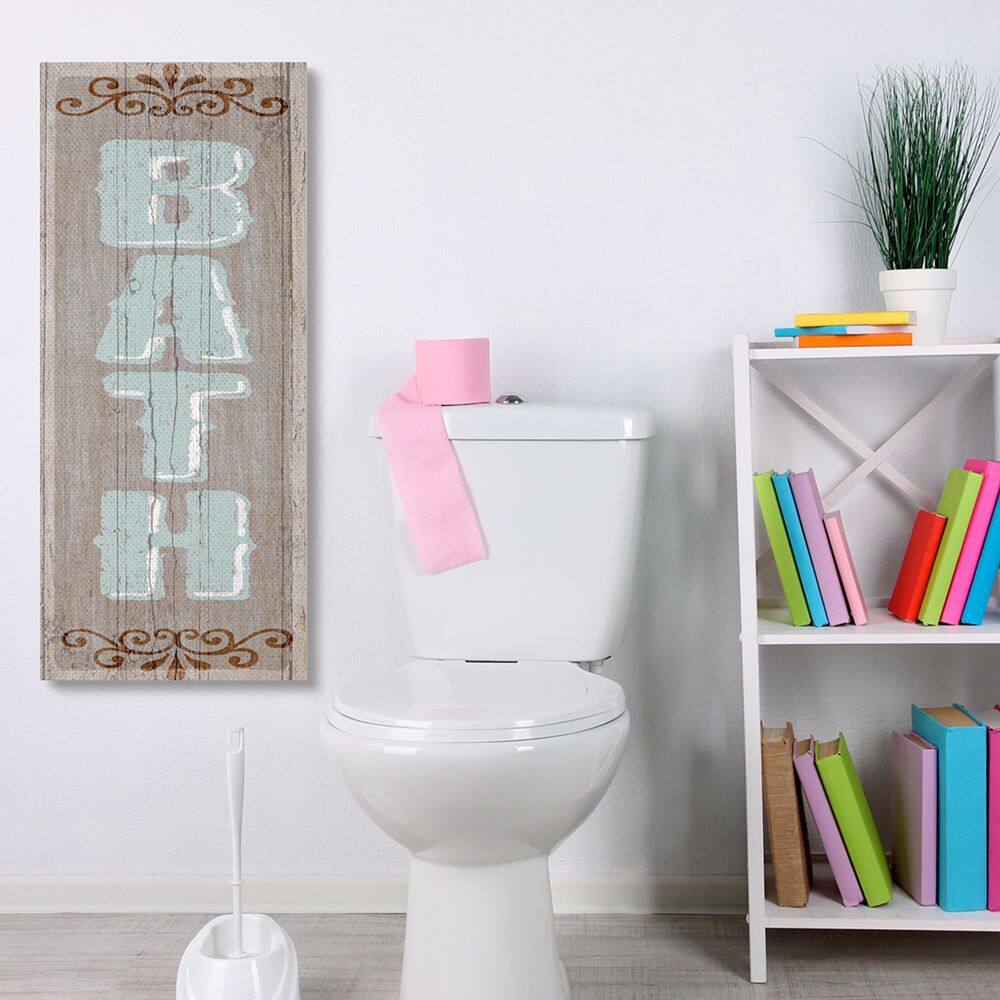 Stupell Industries Rustic Charm Bath Sign Blue Brown Family Bathroom Canvas Wall Art
