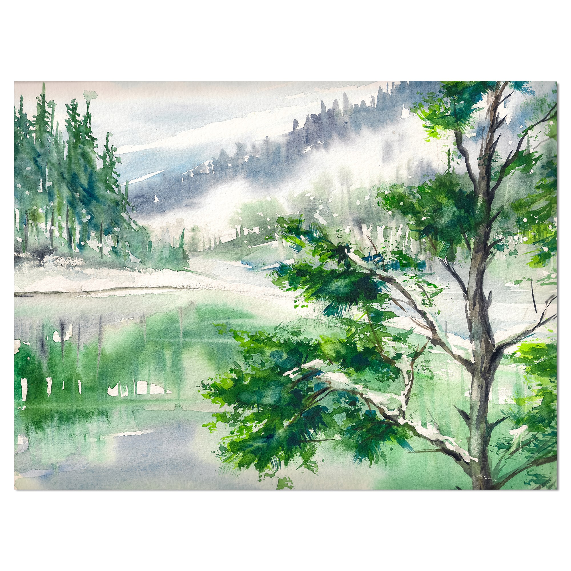Designart - Lake and Mountains in Winter Season - Landscapes Painting Print on Wrapped Canvas