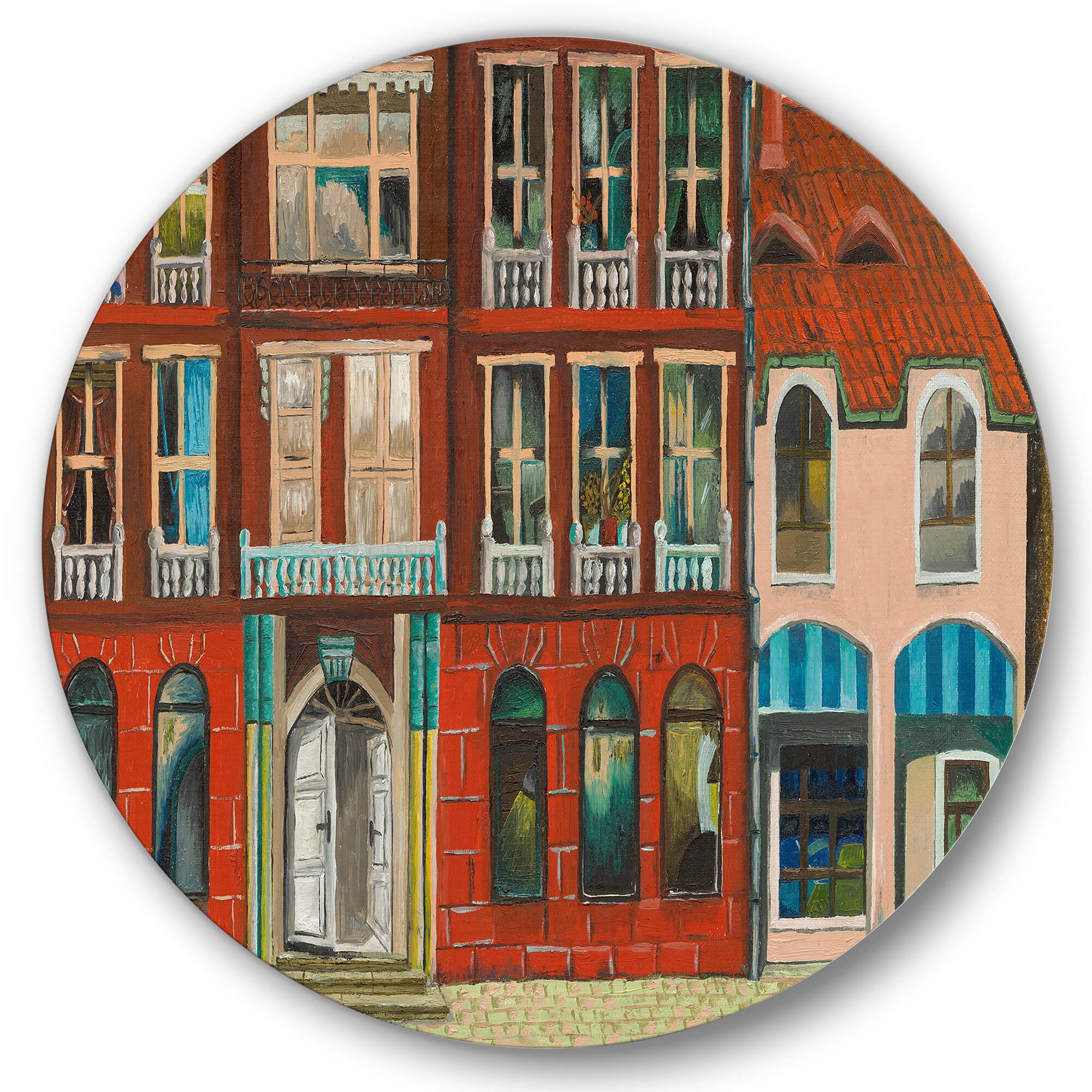Designart - Red Facade of Shop In Paris I - French Country Metal Circle Wall Art