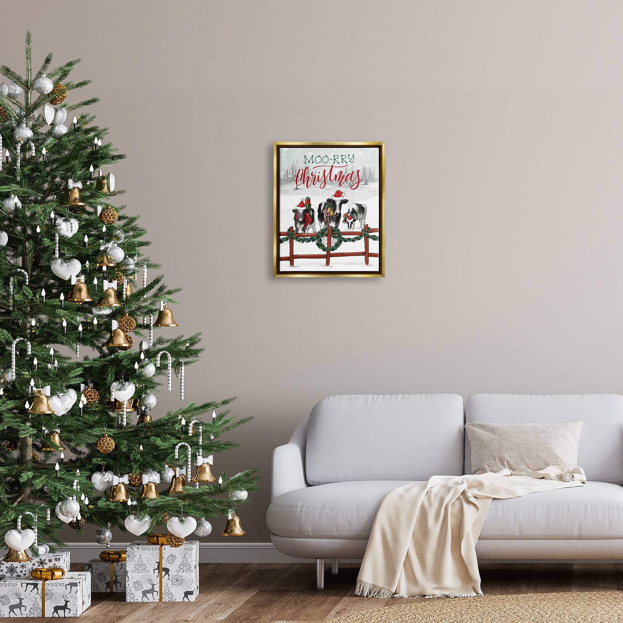 Stupell Industries Moo-rry Christmas Holiday Snowy Cows Framed Floater Canvas Wall Art