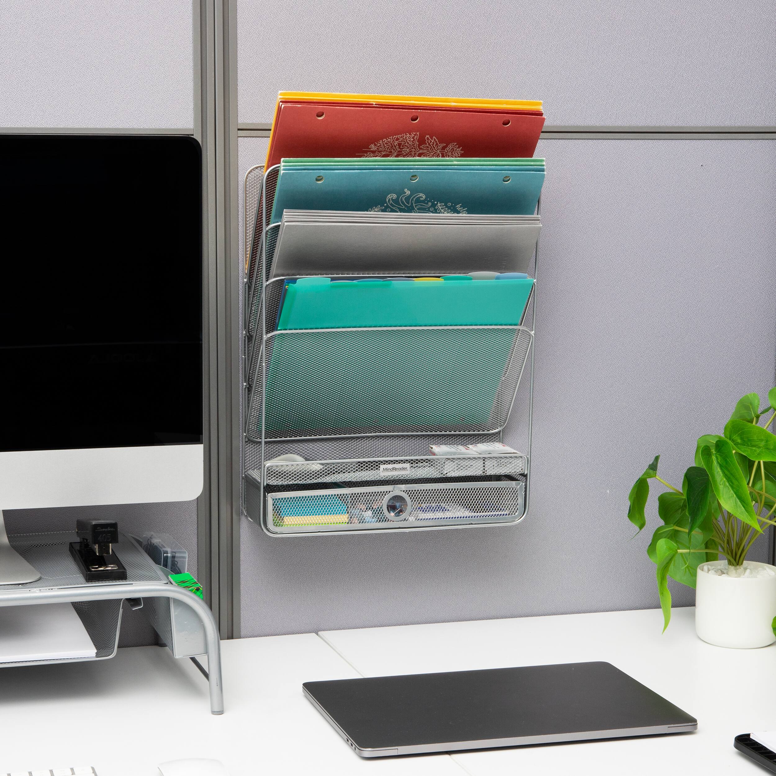 Mind Reader 4-Tier Vertical File Storage, Desktop Organizer, Wall Mount, Office, Metal Mesh, 12.5"L x 4"W x 16.5"H