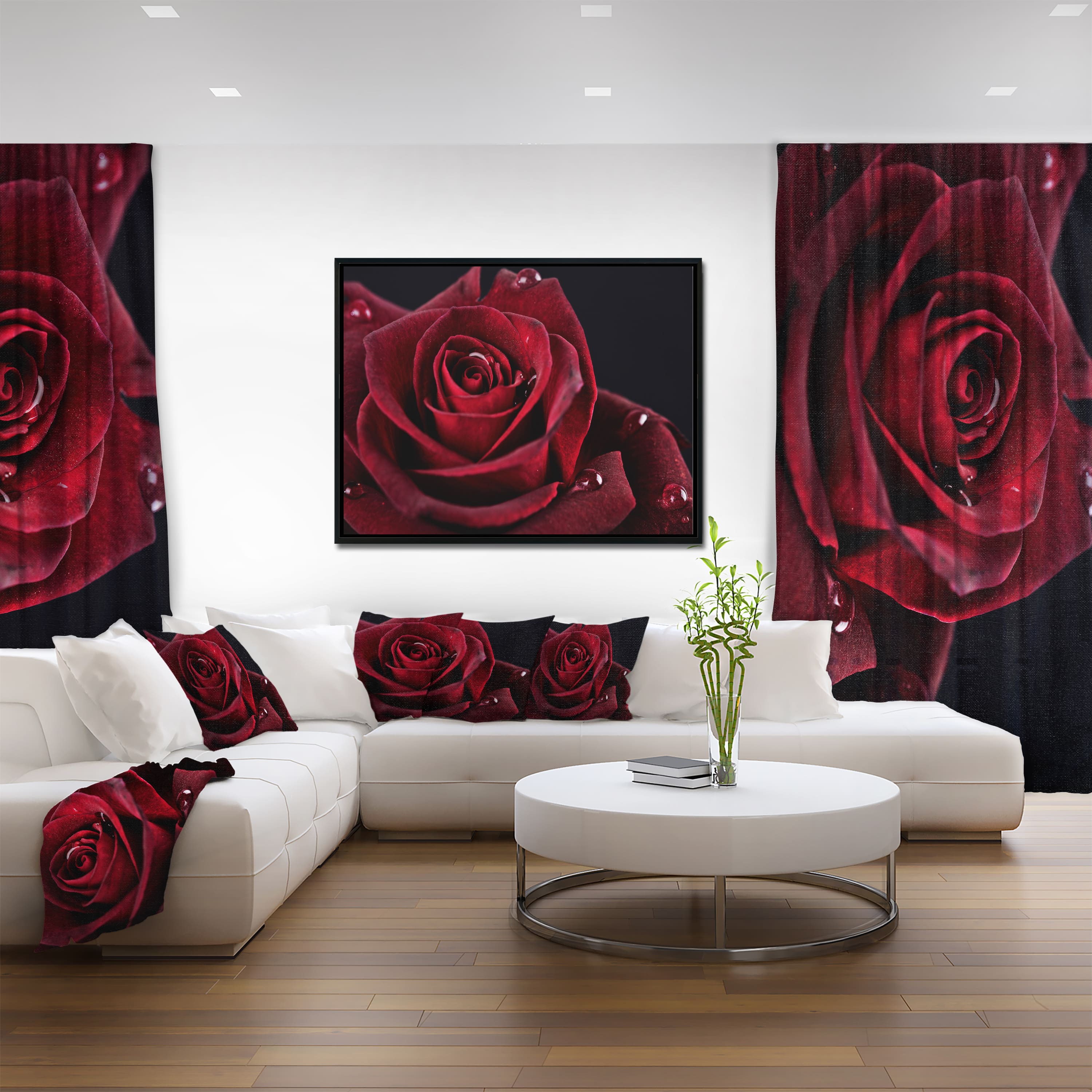 Designart - Red Rose with Raindrops on Black - Flowers Framed Canvas Wall Artwork