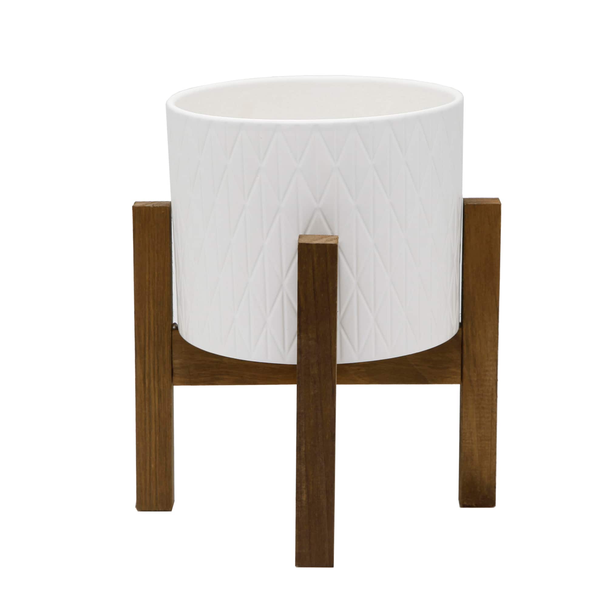 Flora Bunda 8" Matte White Diamond Ceramic Pot On Wood Stand