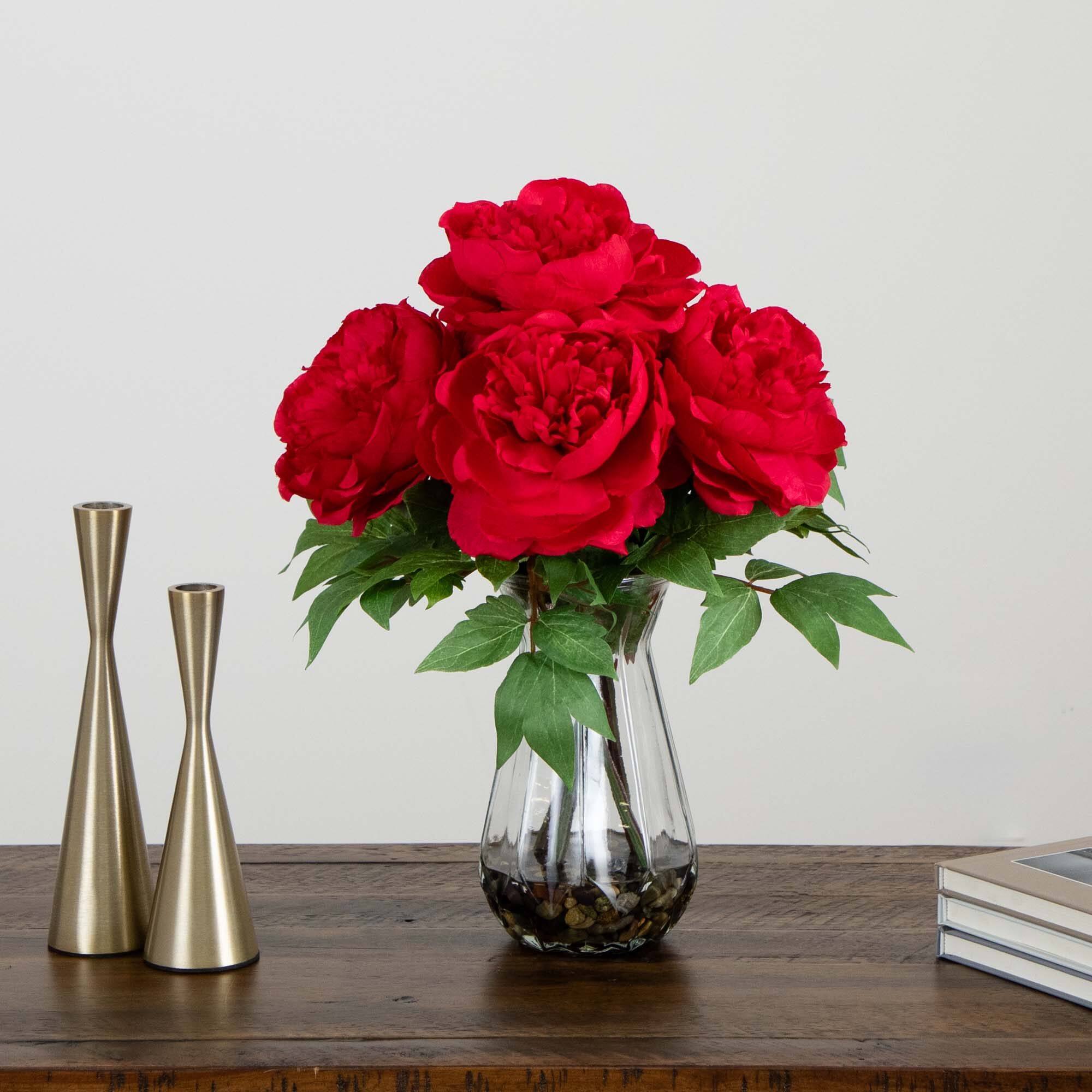 16" Red Peony Arrangement in Glass Vase