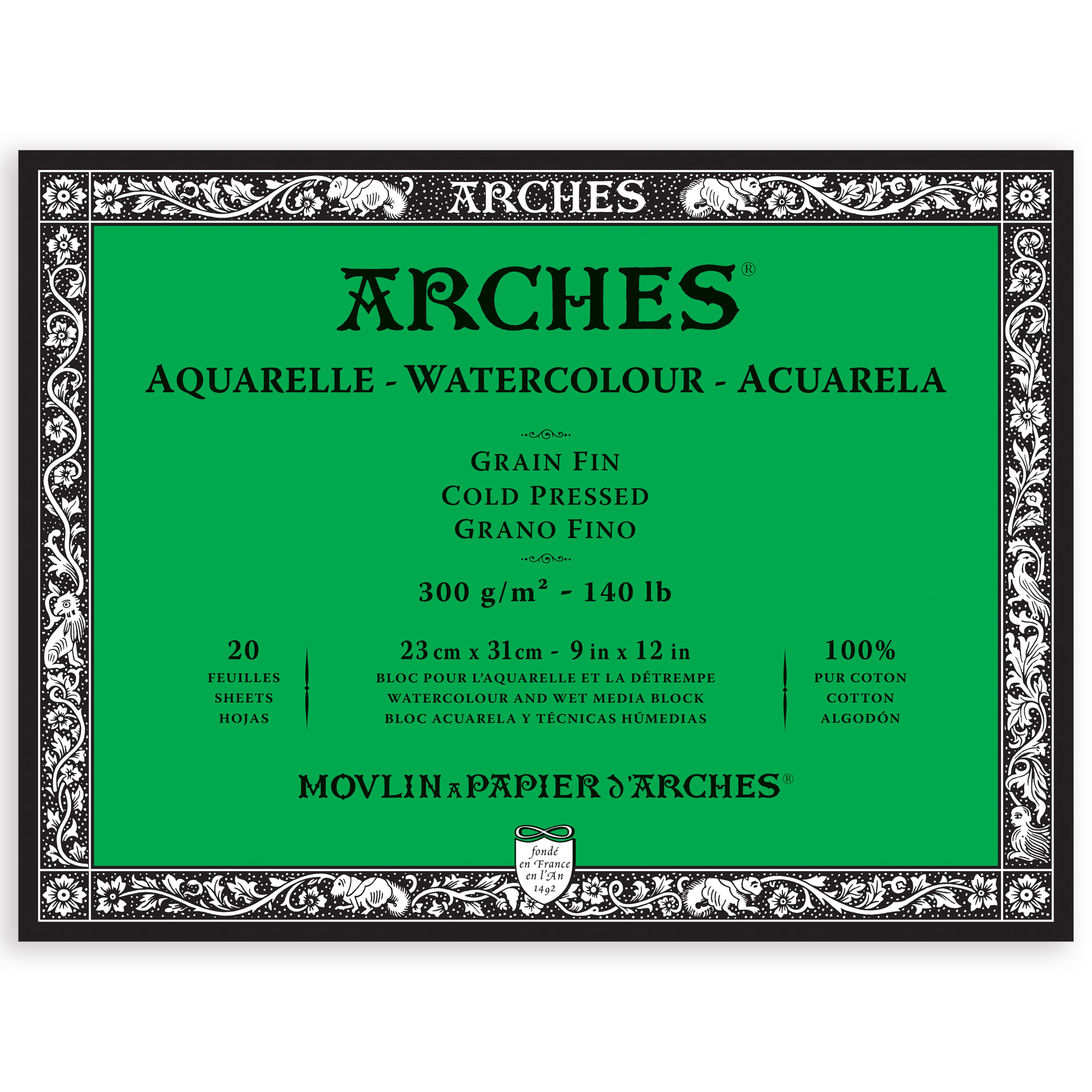 Arches® Aquarelle Cold Pressed Watercolor Paper Block, 9" x 12"