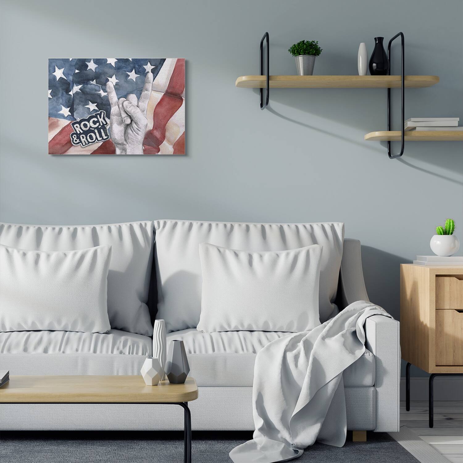 Stupell Industries Rock And Roll Hand And American Flag Design Canvas Wall Art