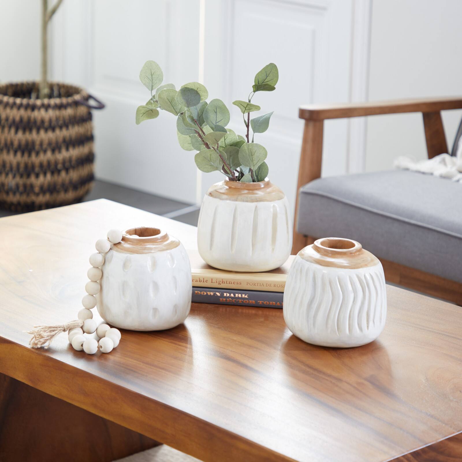 Set of 3 White Teak Wood Coastal Style Vase 6", 7"
