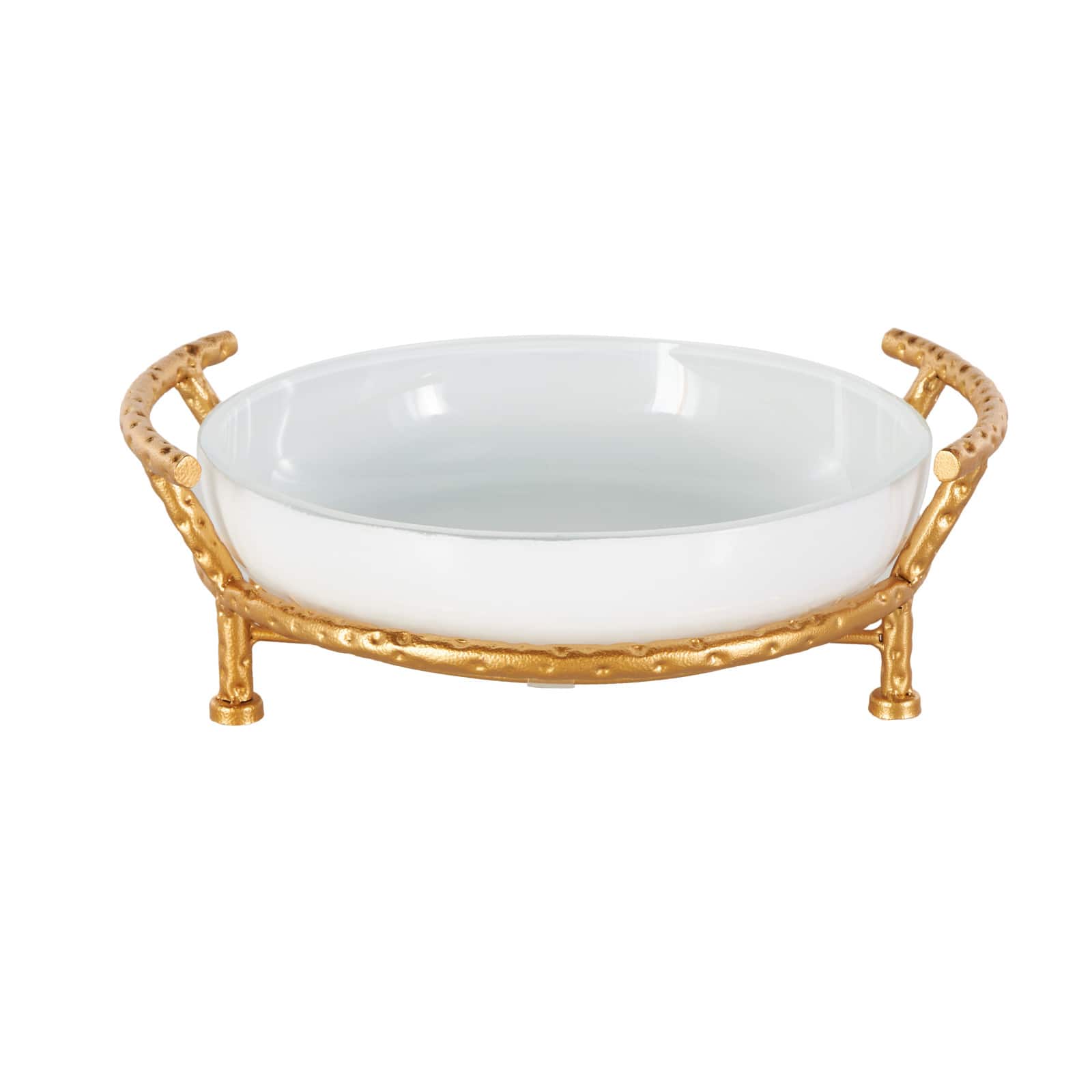 14.5" White Tempered Glass Kitchen Serving Bowl with Gold Metal Stand