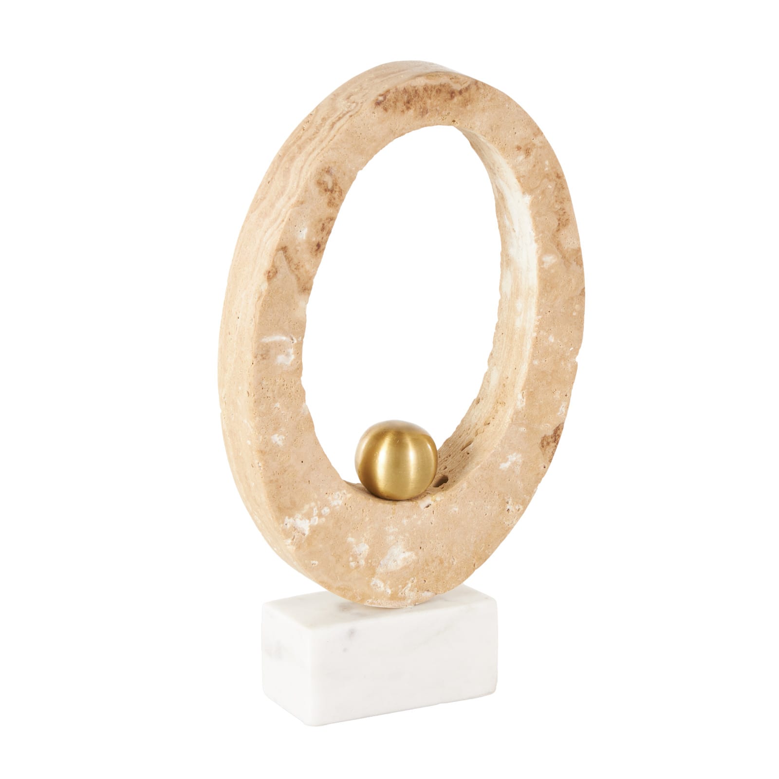 7" x 12" Cream Marble Abstract Oval Decorative Sculpture with Gold Ball and White Base