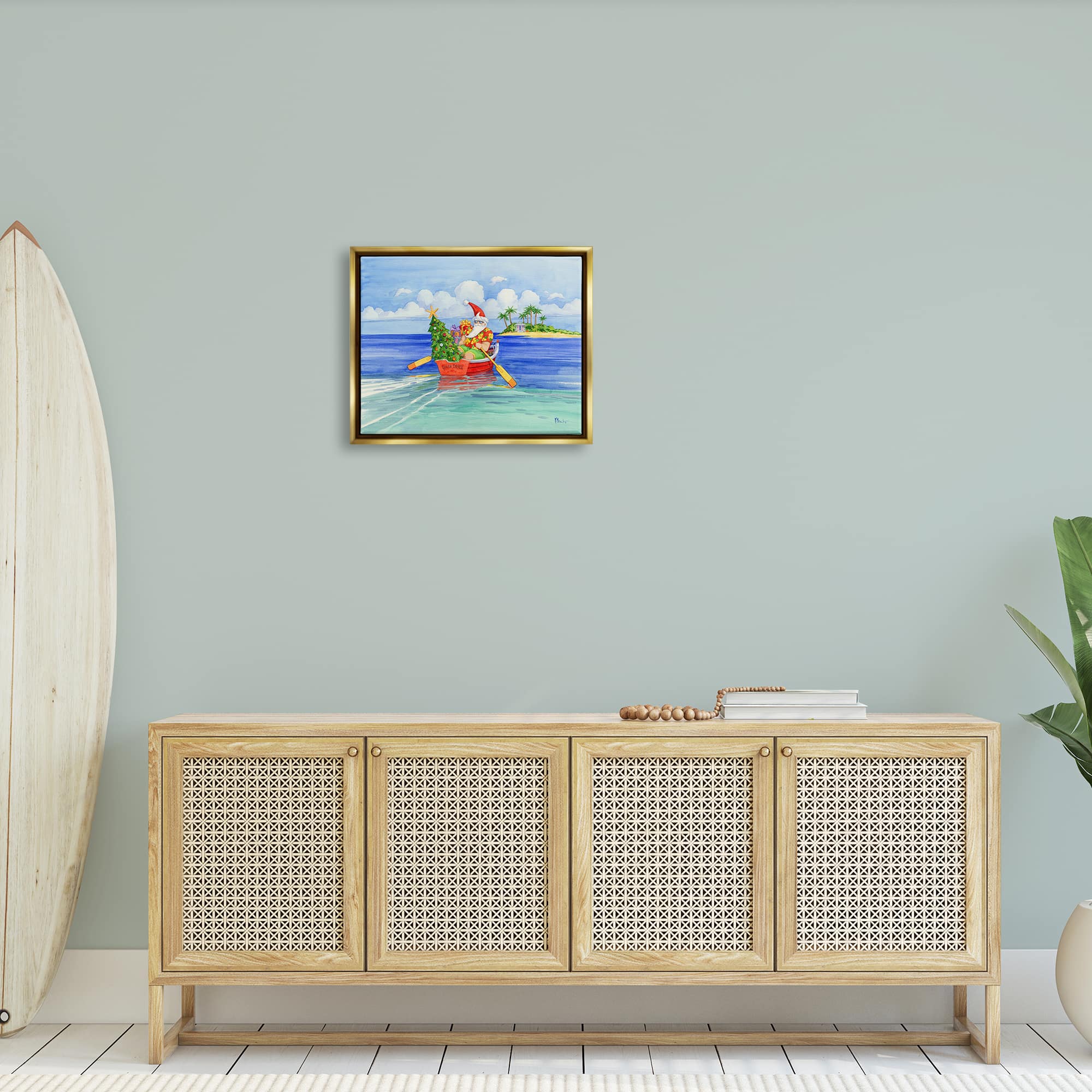 Stupell Industries Santa's Delivery Tropical Christmas Boat Gold Framed Floater Canvas Wall Art