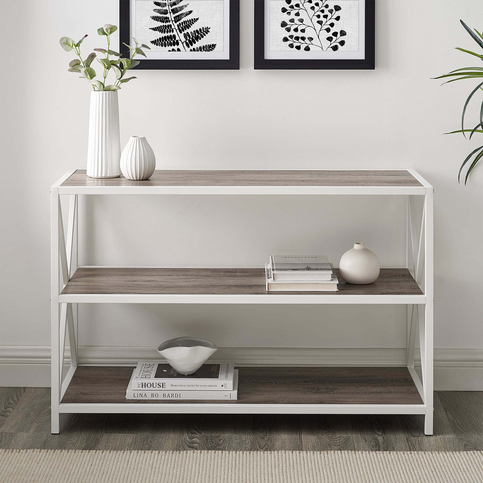 Walker Edison Gray Wash X-Frame Industrial Wood Bookshelf