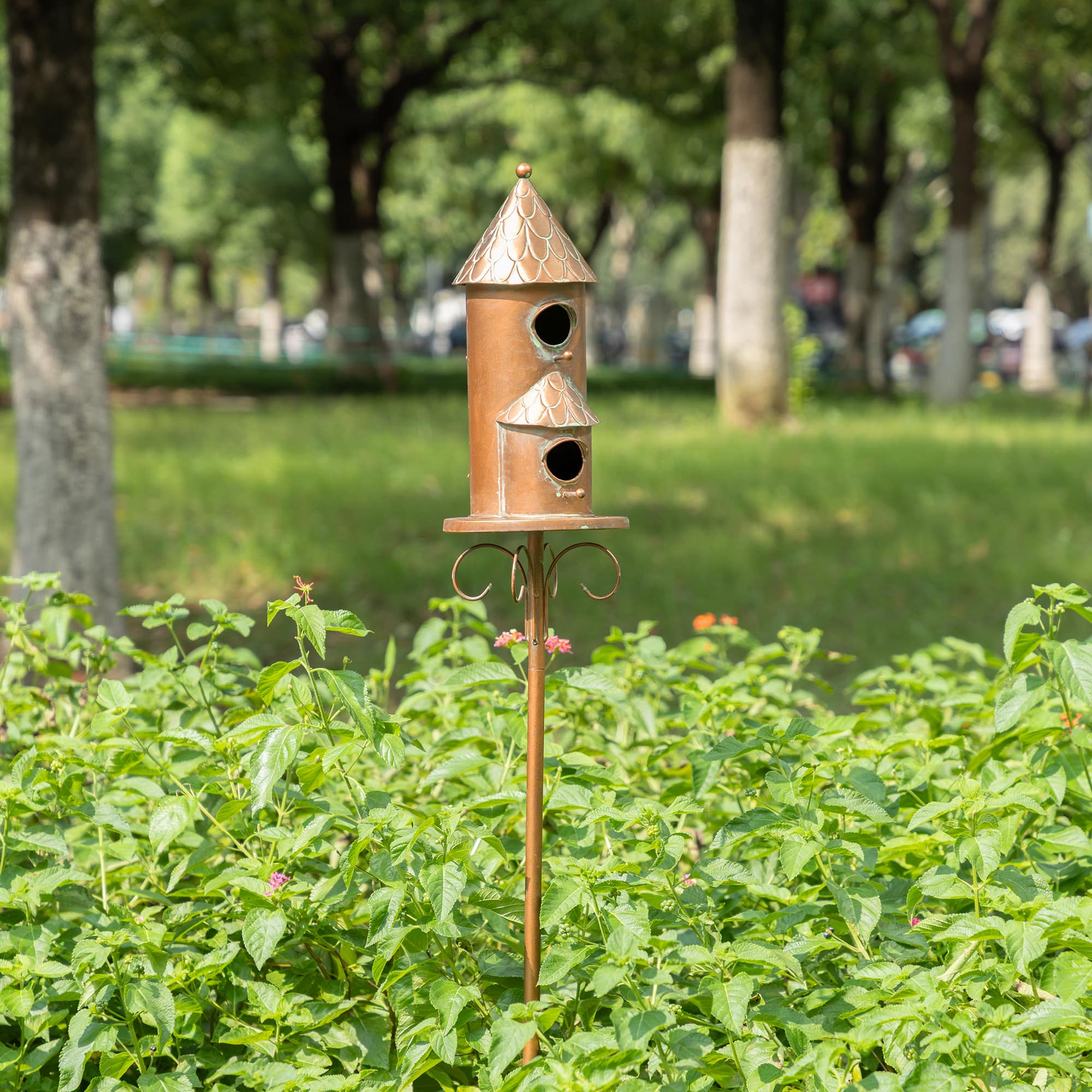 Glitzhome® 53" Farmhouse Faux Copper 2-Tiered Metal Garden Birdhouse with Stake