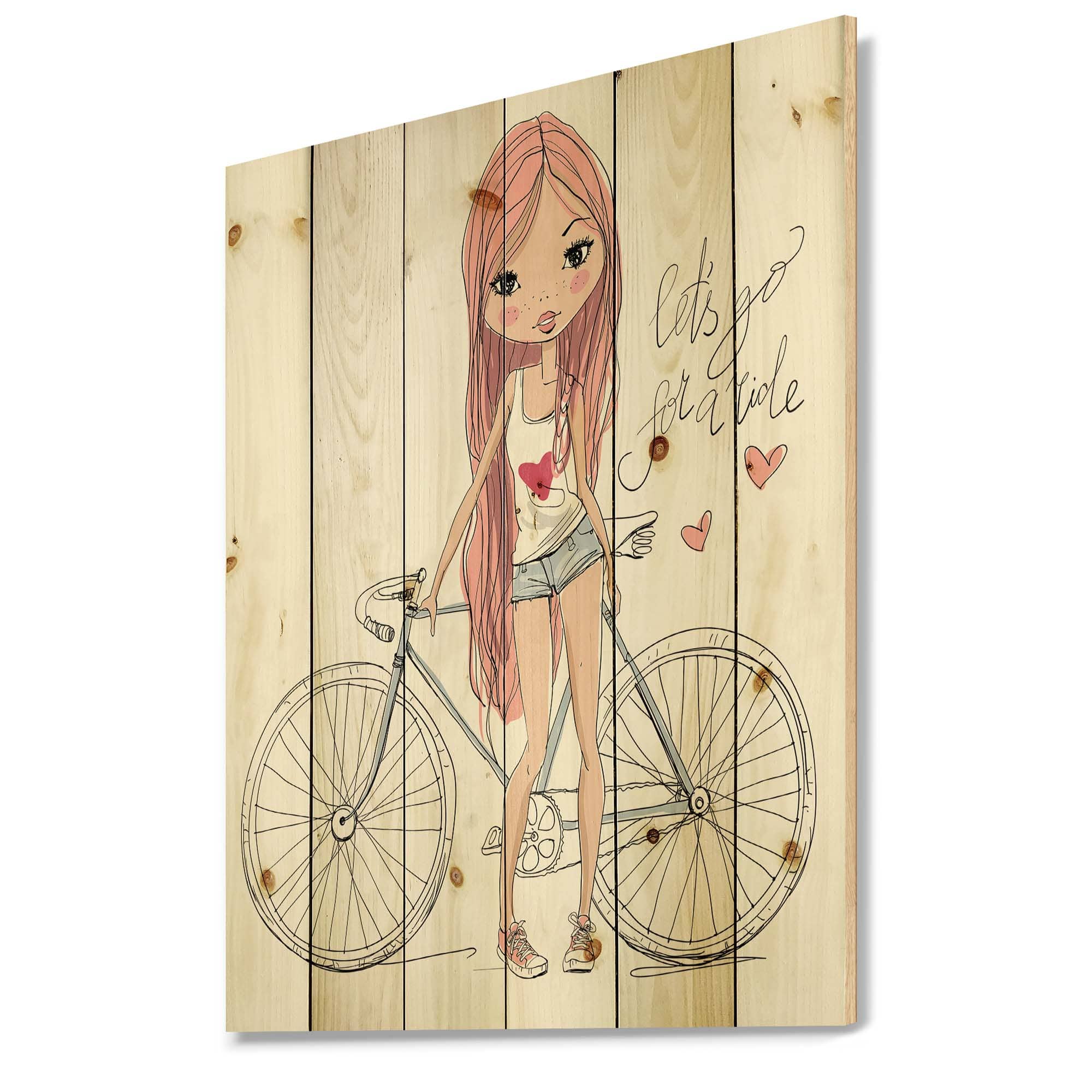 Designart - Young Girl With Bicycle - Children's Art Print on Natural Pine Wood