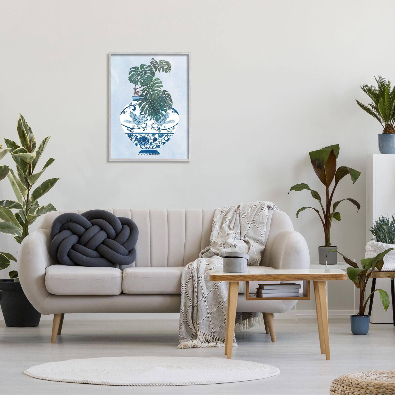 Stupell Industries Monstera Palm Plant Ornate Blue Bird Vase Scene Framed Wall Art