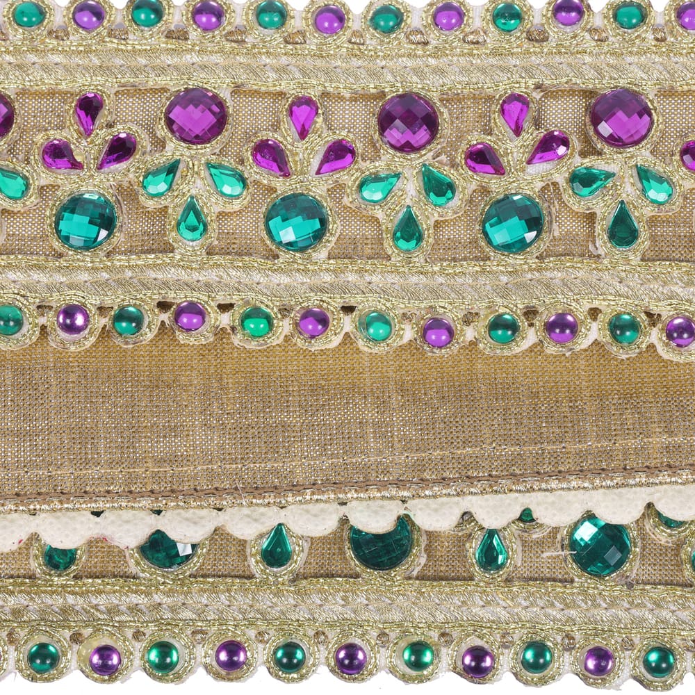 Vickerman 2.5" x 5yd. Gold Metallic Wired Ribbon with Purple & Green Mardi Gras Jewels