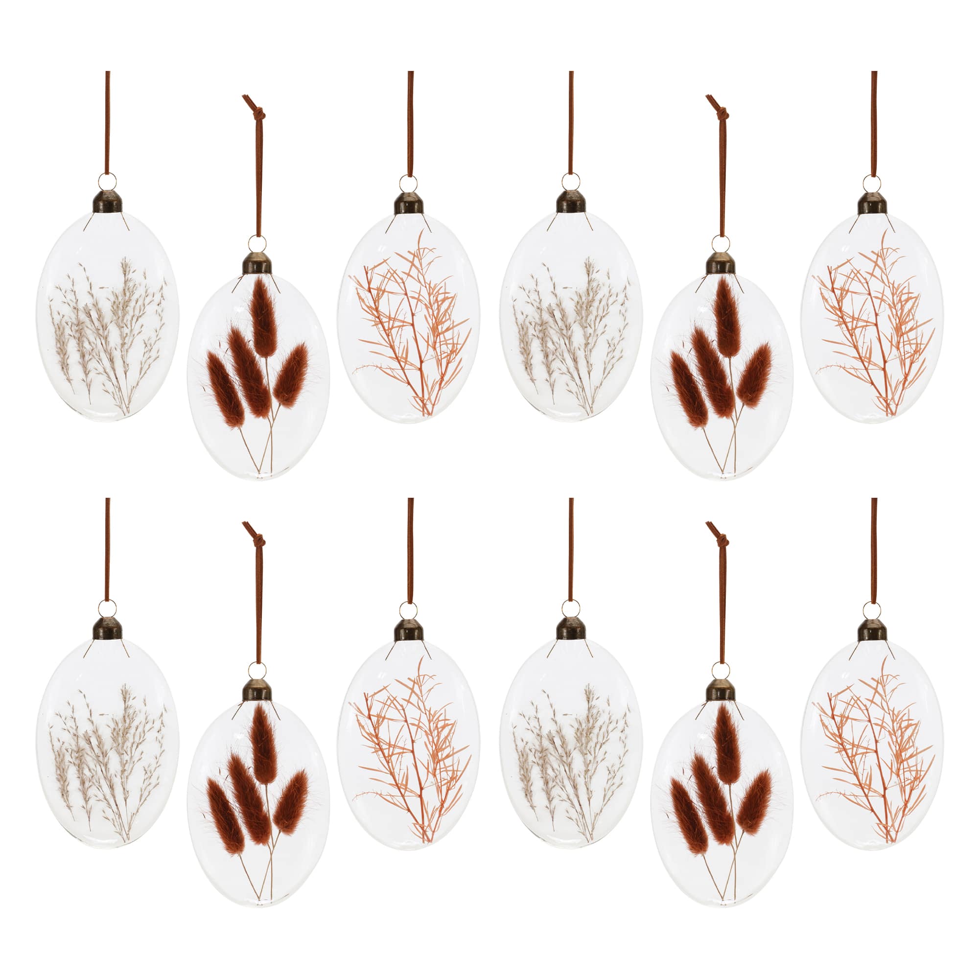 12 Pack 5.5" Warm Tone Dried Floral Glass Ornaments