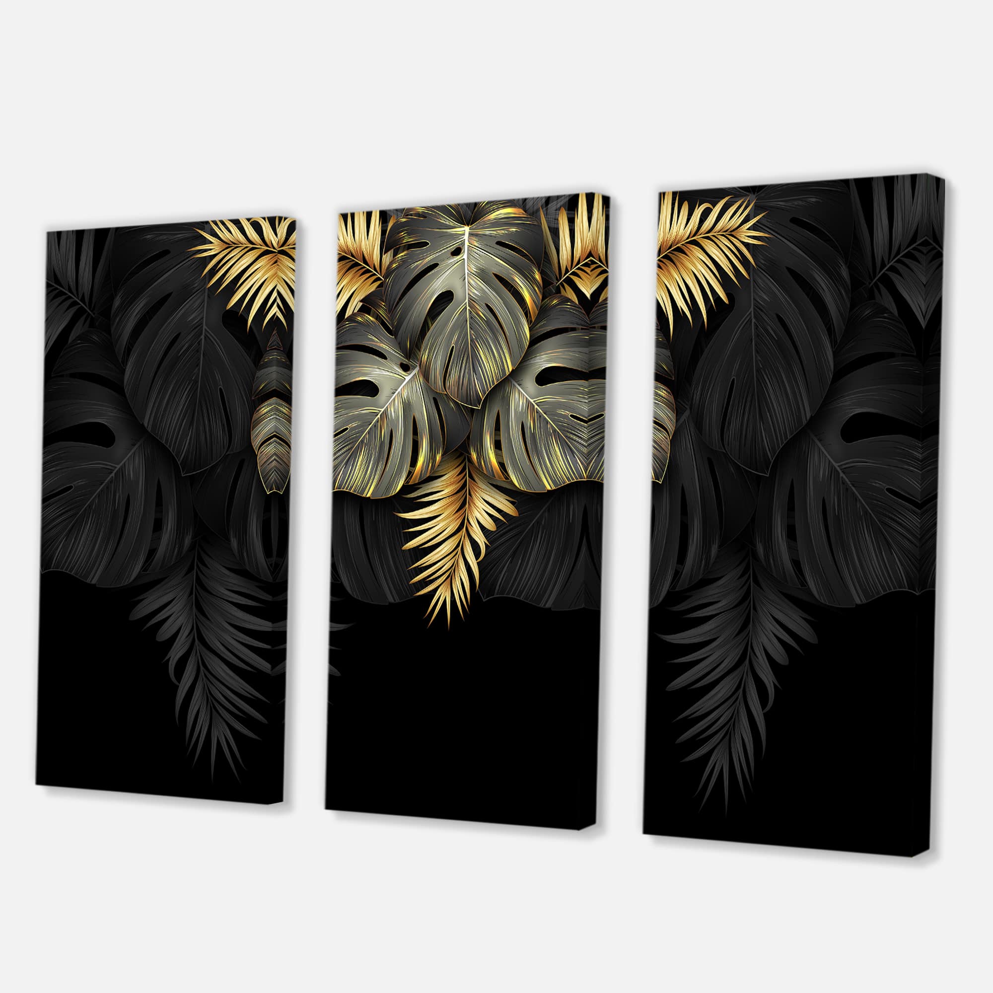 Designart - Black and Gold Tropical Leaves IV - Modern Canvas Wall Art Print