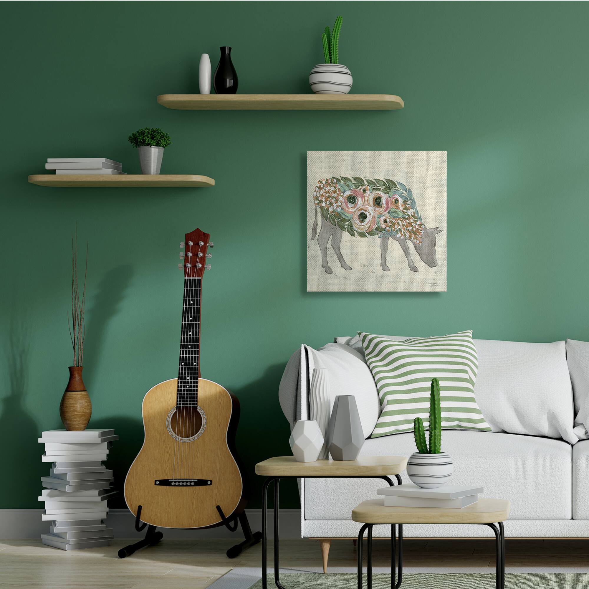 Stupell Industries Rustic Cow Pink Green Floral Body Canvas Wall Art