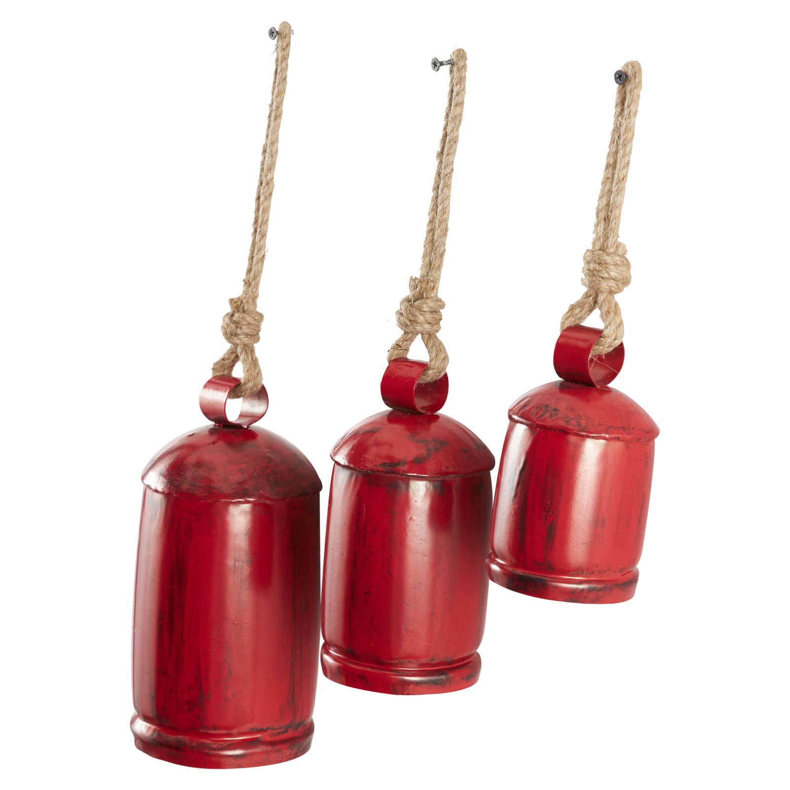 Red Metal Cow Bells Tibetan Inspired Decorative with Jute Hanging Rope Set
