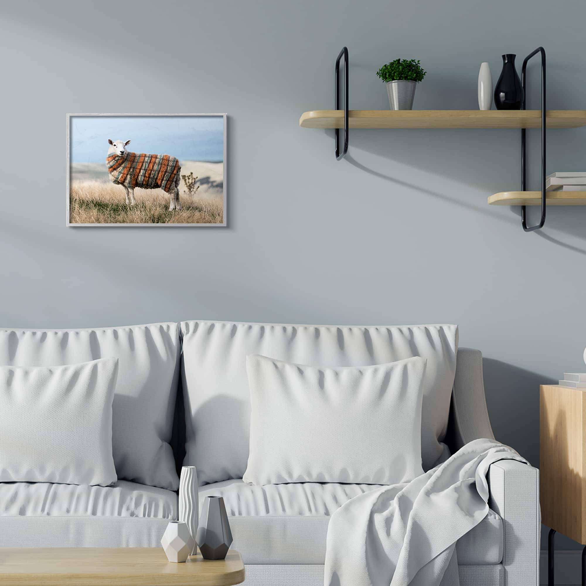 Stupell Industries Sweater Weather Sheep Animal Farm Plaid Gray Framed Wall Art
