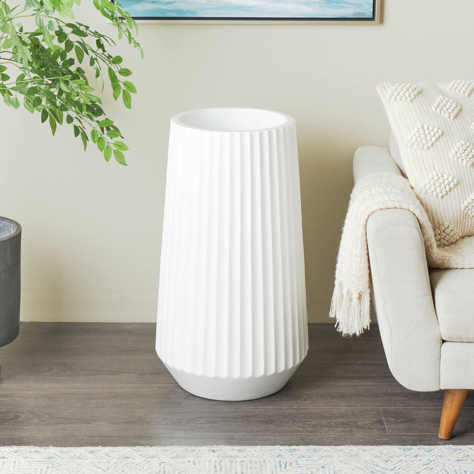 Large White Ribbed Resin Floor Vase