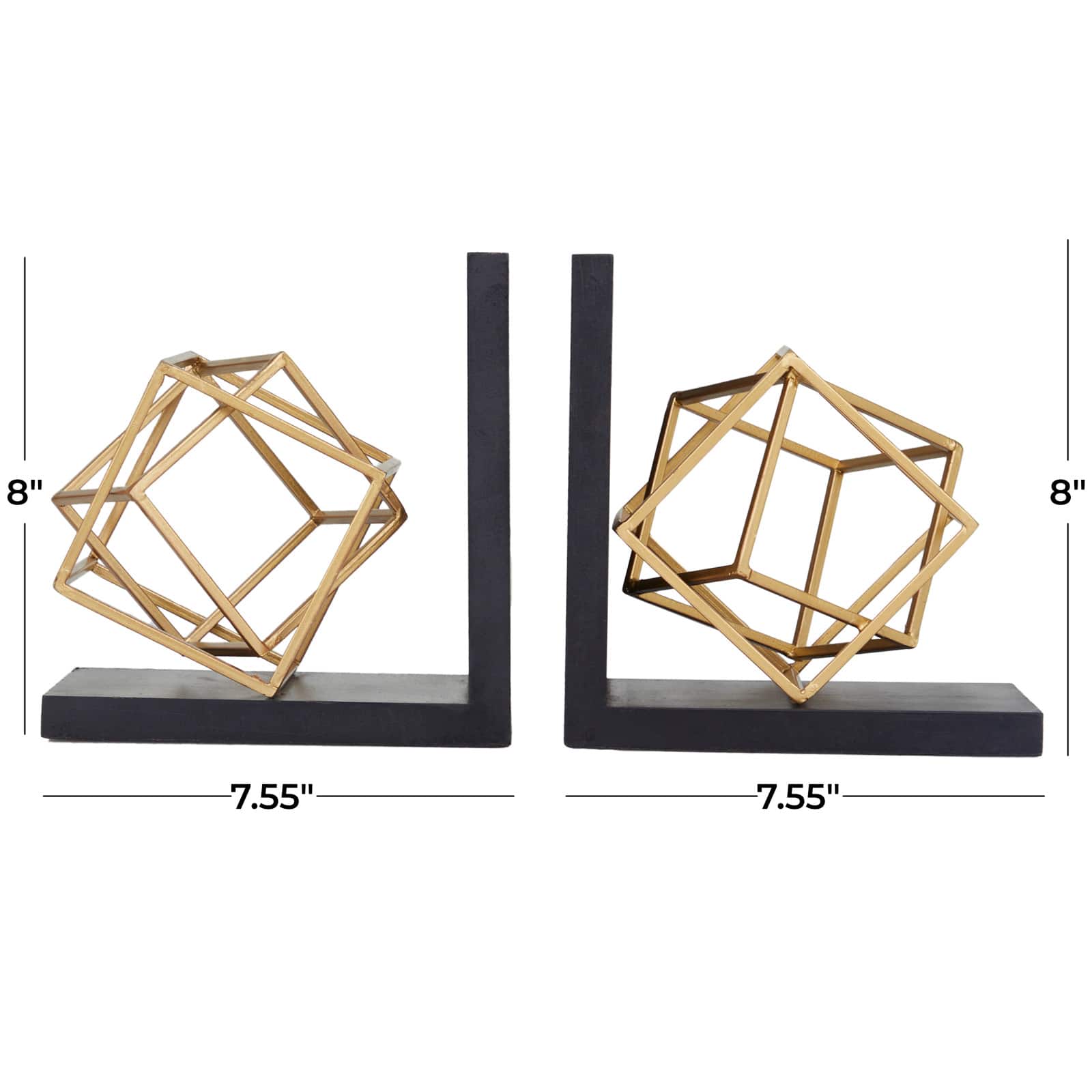 8" Gold Stainless Steel Overlapping Cube Geometric Bookends with Black Bases Set