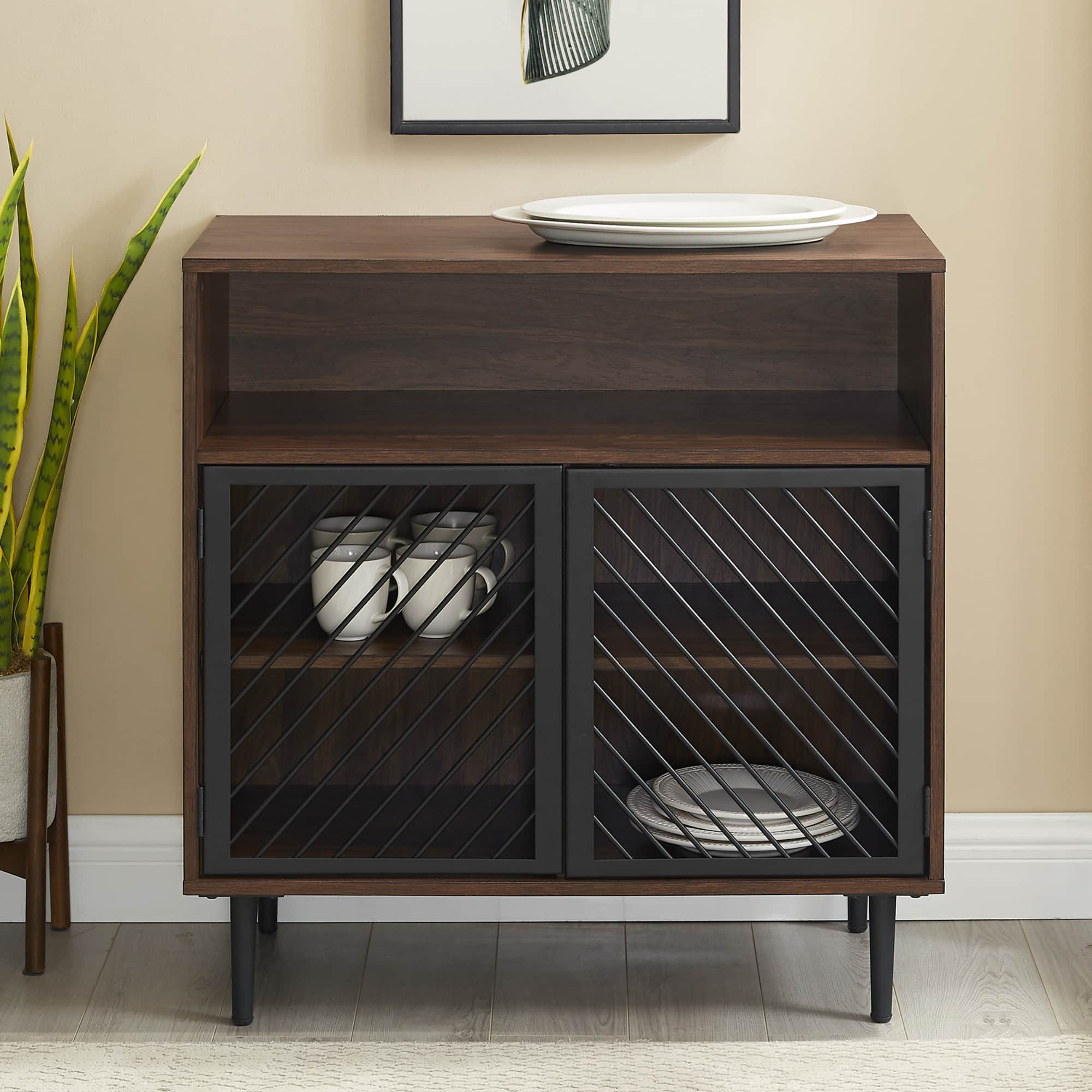 Walker Edison 32" Dark Walnut Modern Slanted Metal Door Accent Cabinet
