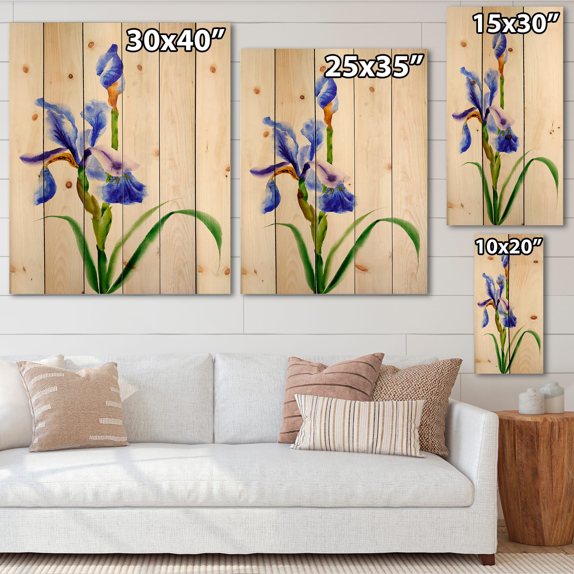 Designart - Retro Blue Iris Flower - Traditional Print on Natural Pine Wood