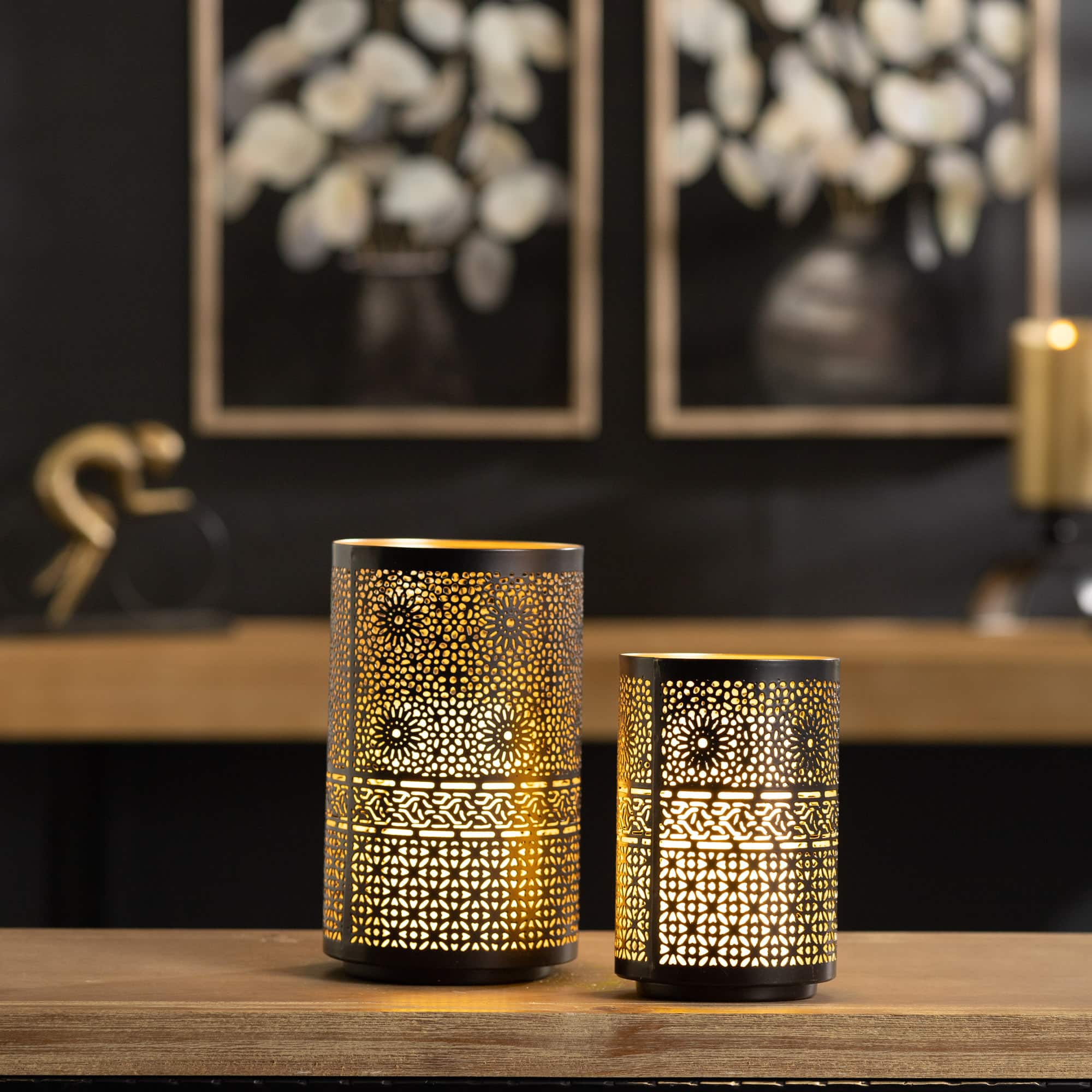 Black & Gold Mandala Punched Metal Candle Holder Set