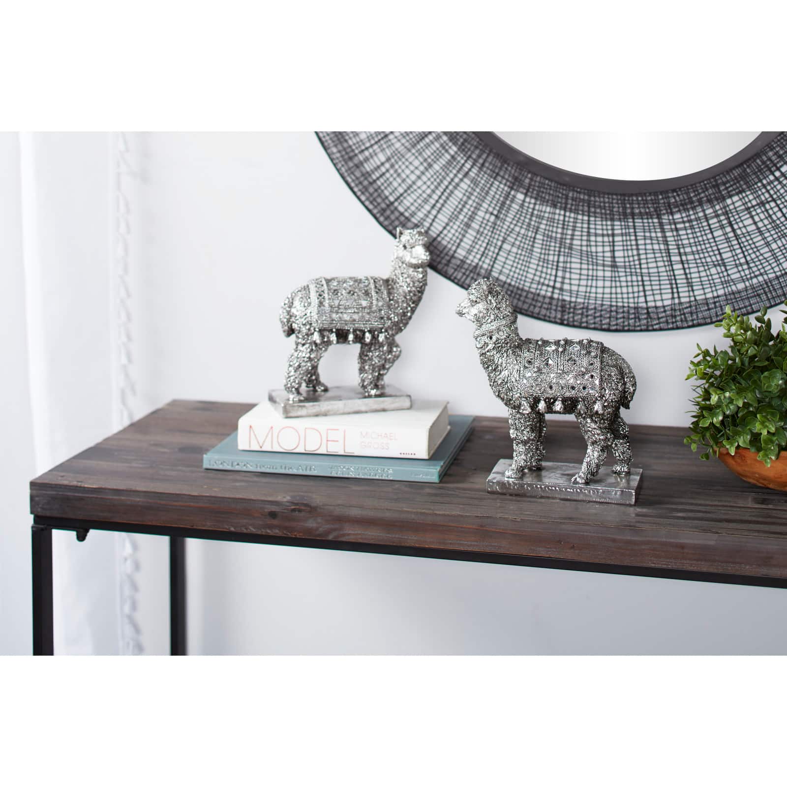 Set of 2 Silver Resin Eclectic Llama Sculpture, 10", 9"