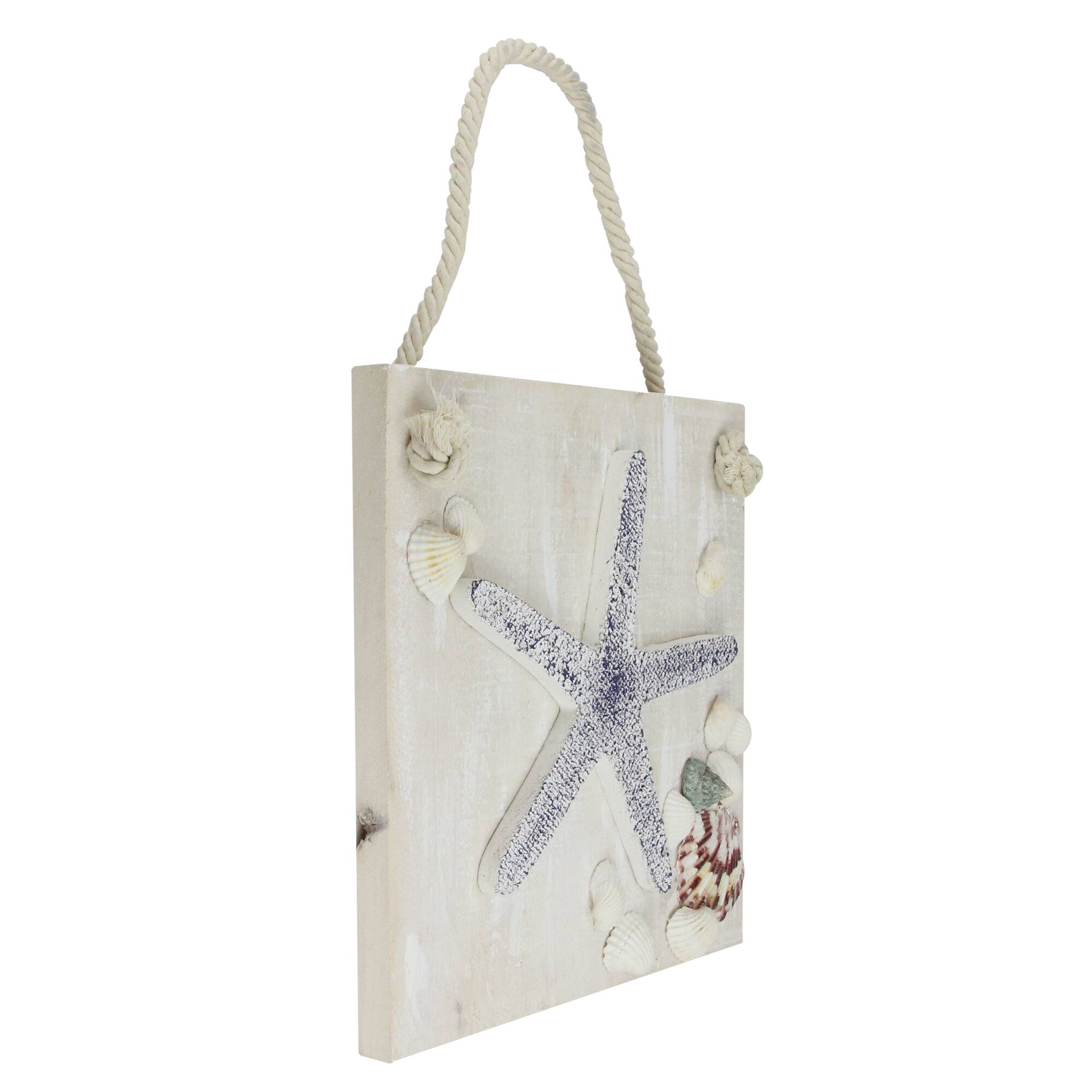 10" Blue & Beige Hanging Starfish Plaque with Seashells Wall Accent