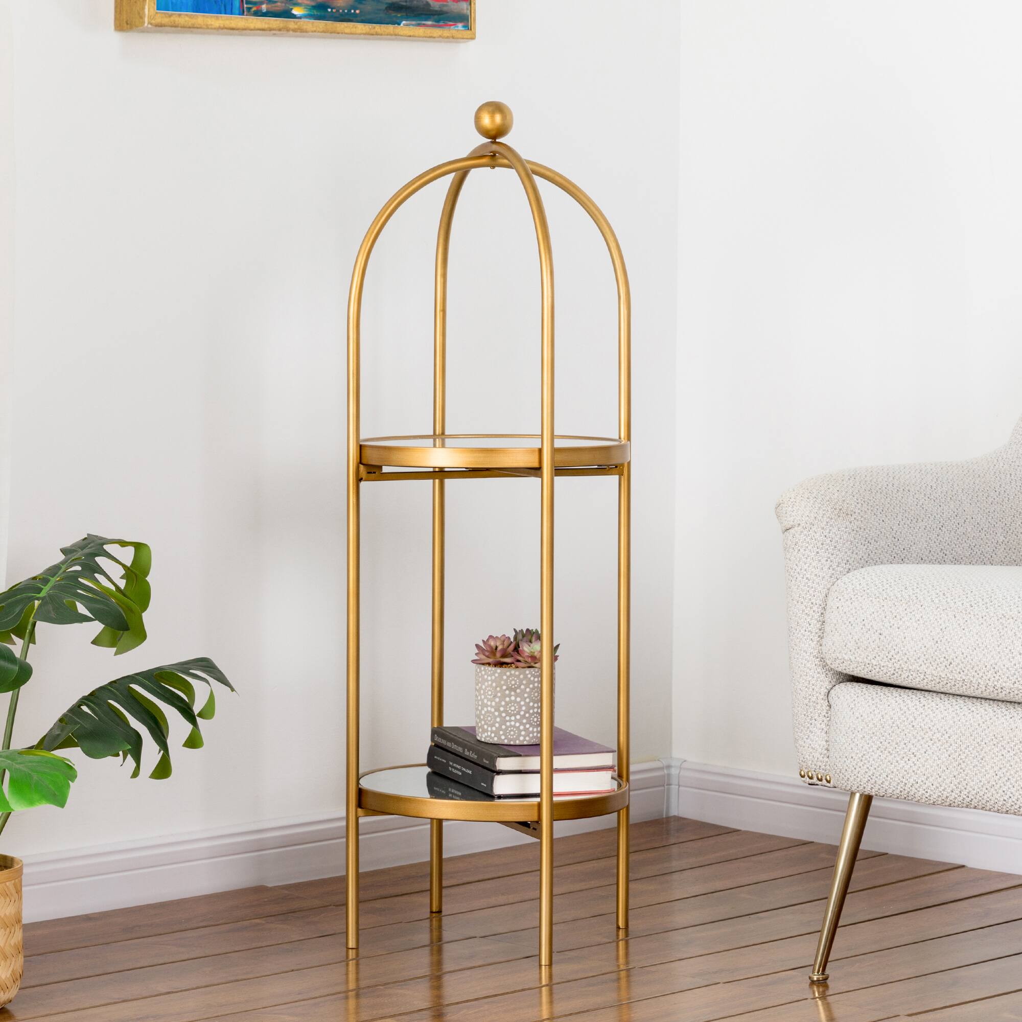 Glitzhome® 42" Gold Regency Modern 2-Tier Mirror Organizer Floor Shelf
