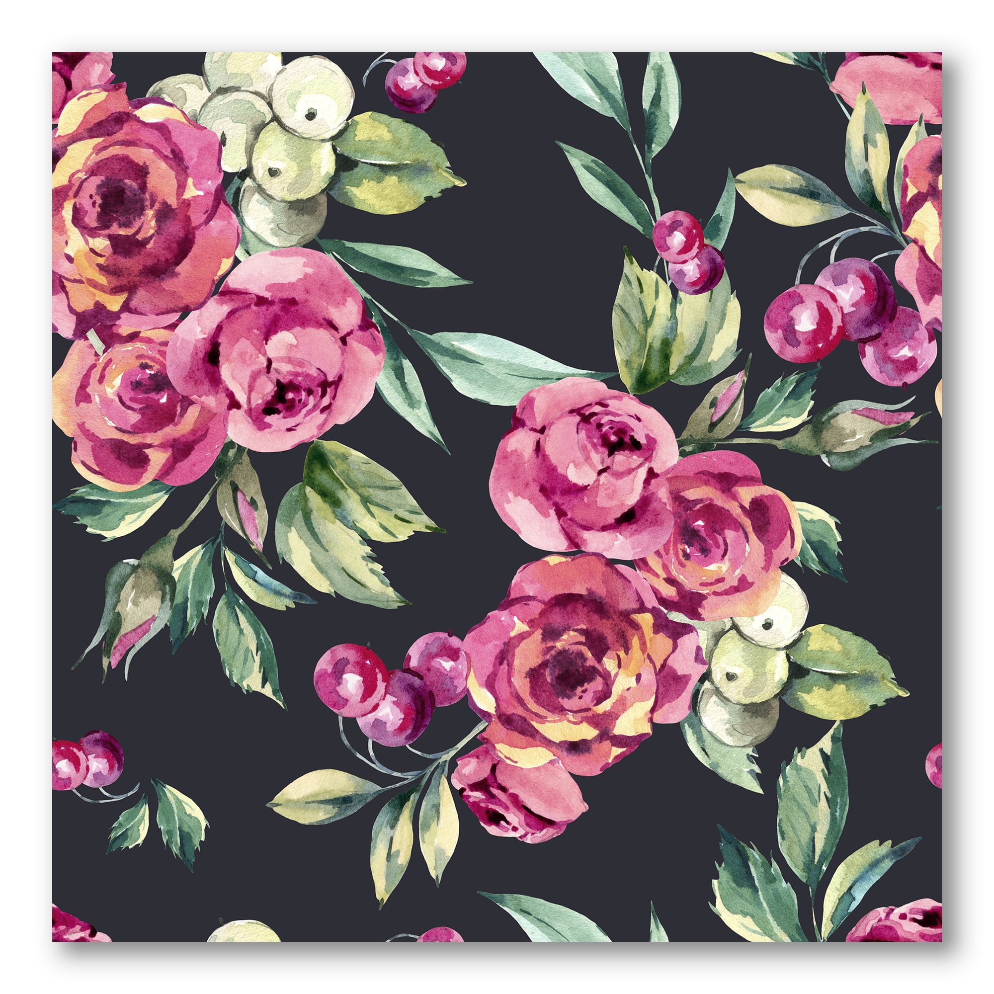 Designart - Red VIntage Roses and Berries On Black - Farmhouse Canvas Wall Art Print