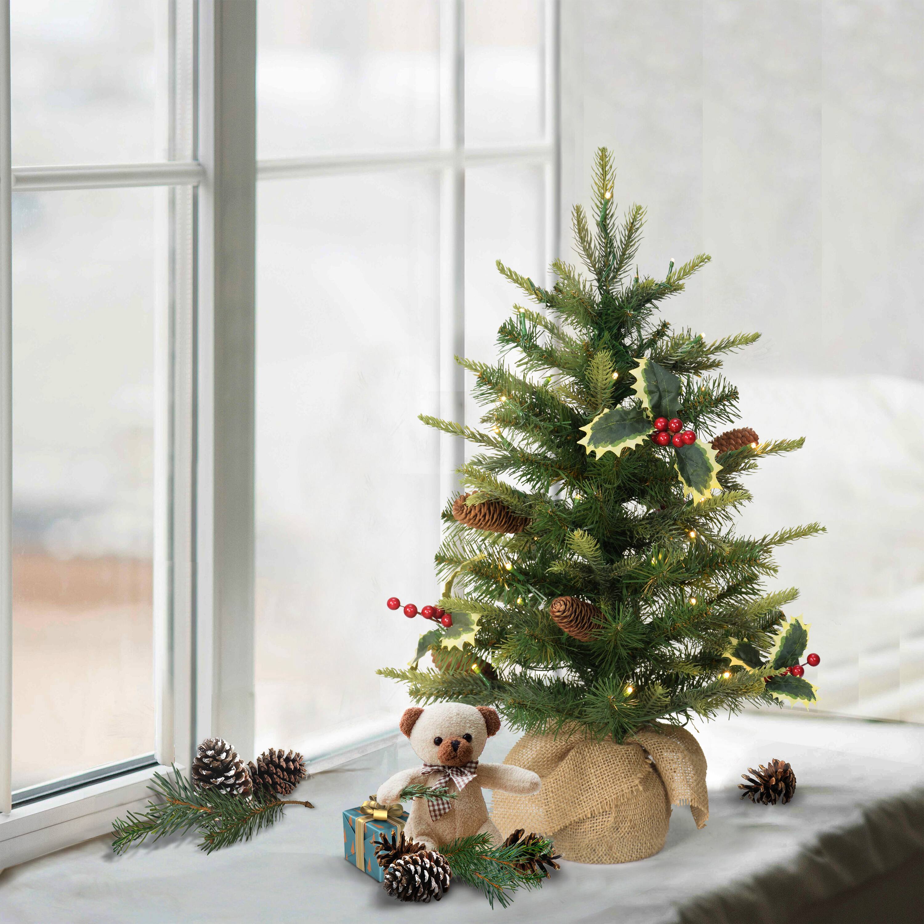 2ft. Pre-Lit Artificial Christmas Tree with Pine Cones in Burlap Sack, Warm White LED Lights