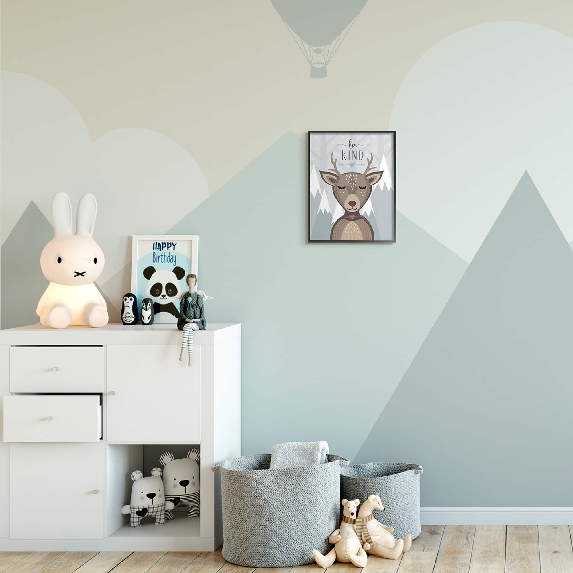 Stupell Industries Snowy Mountains Cartoon Deer Be Kind Sentiment Framed Wall Art