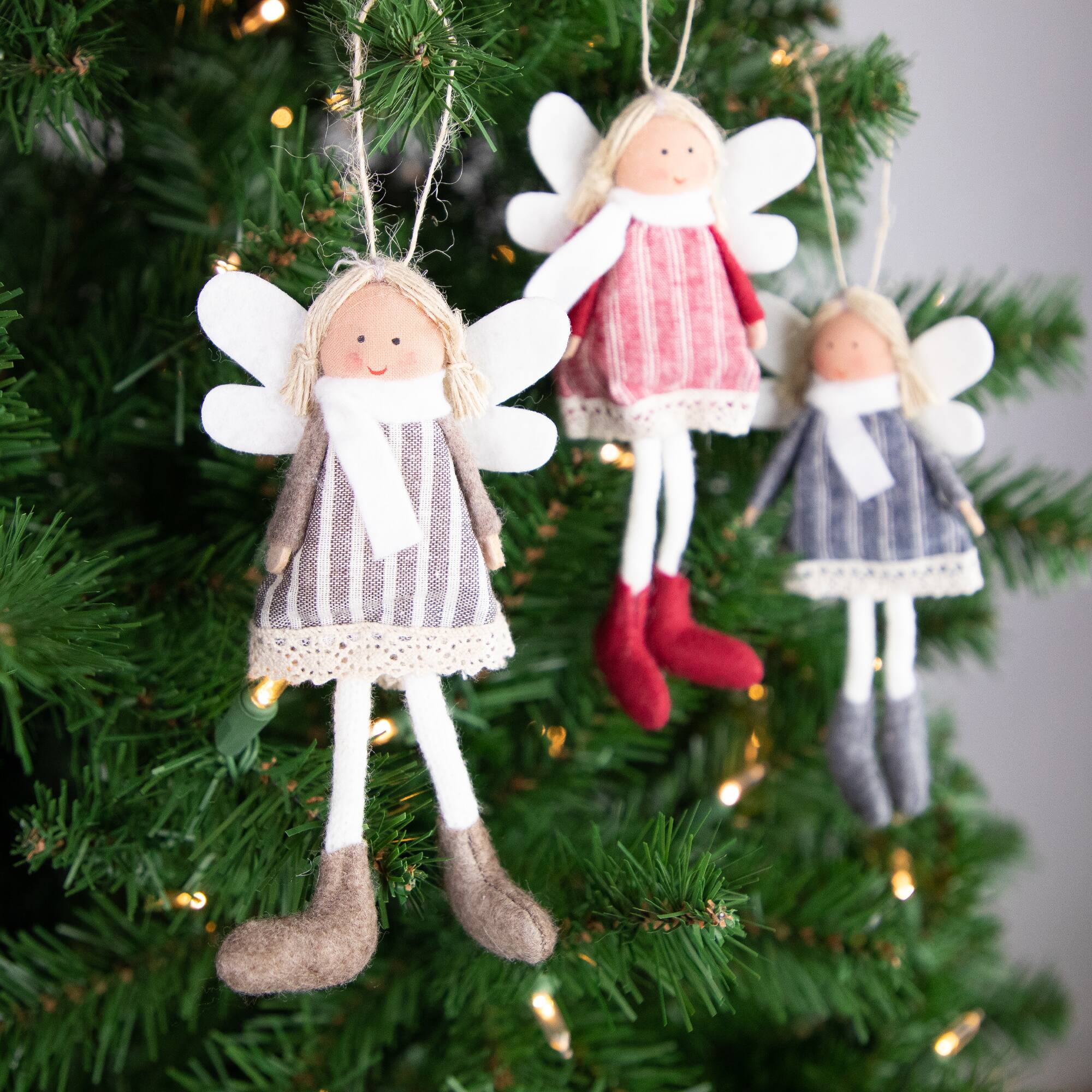 Angel Doll with Wings Christmas Ornaments - 6" - Red  Brown and Blue - Set of 3