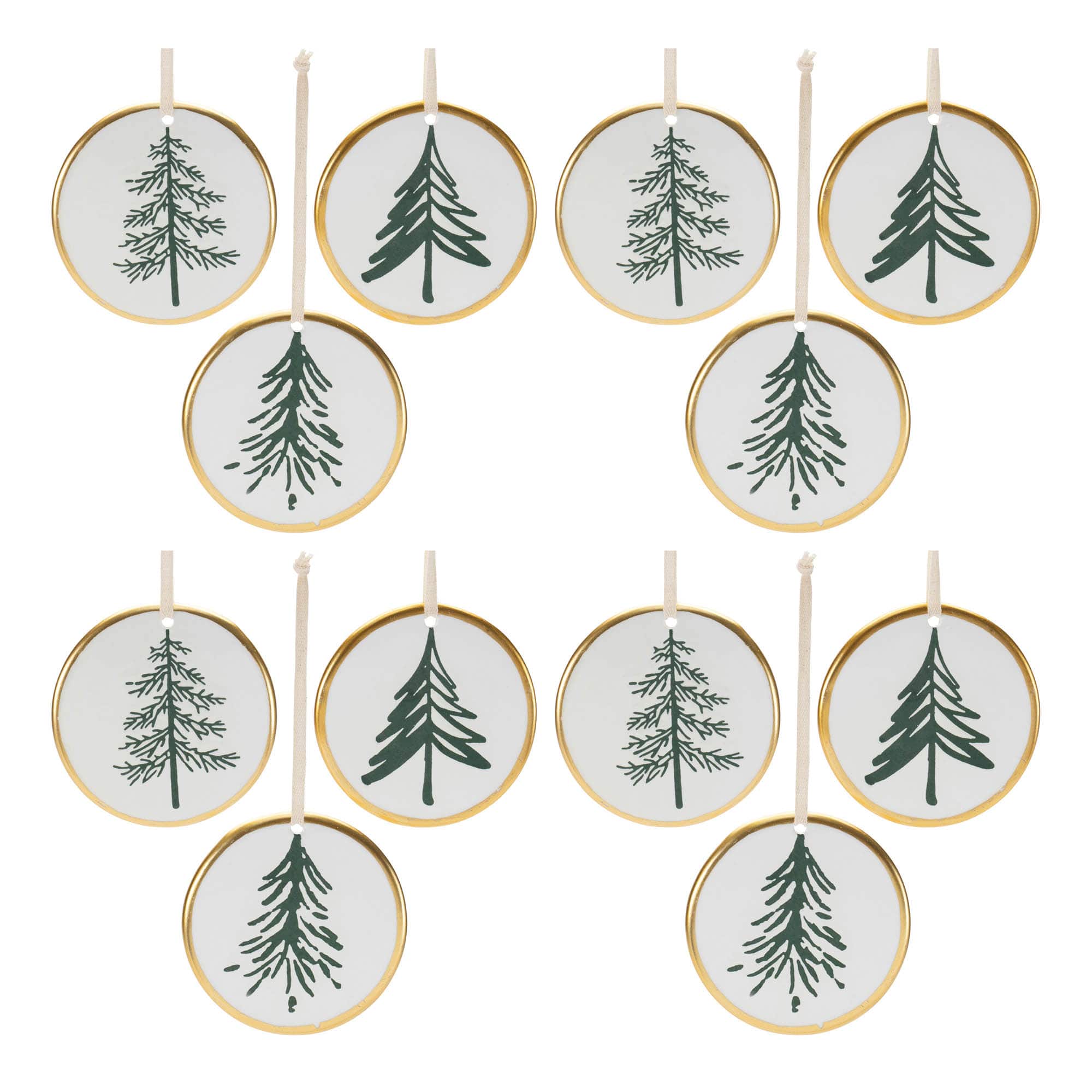 Melrose 3.5" Ceramic Pine Tree Disc Ornaments Set in White/Green/Gold | Michaels®