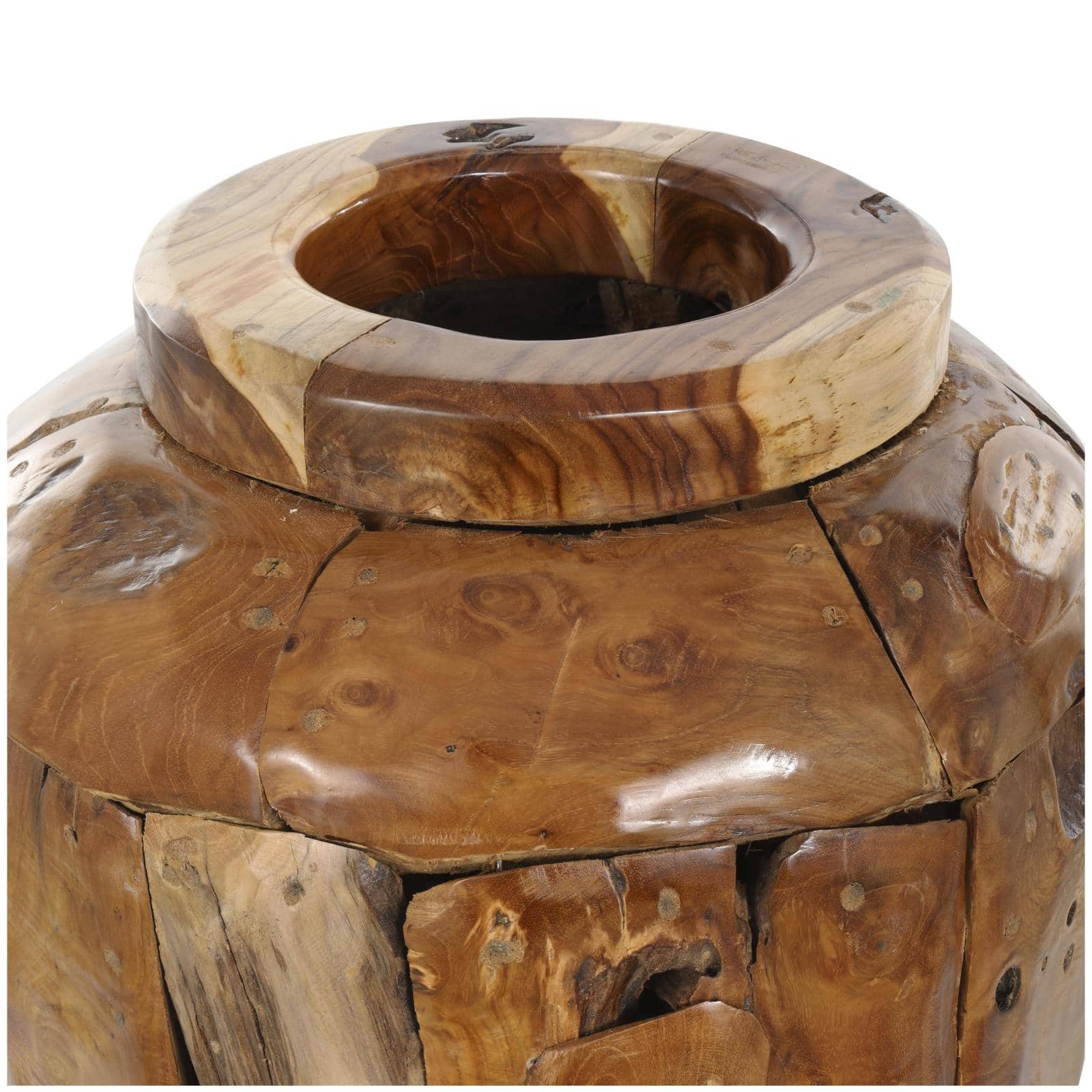 Brown Teak Wood Handmade Tall Floor Vase with Mosaic Live Edge