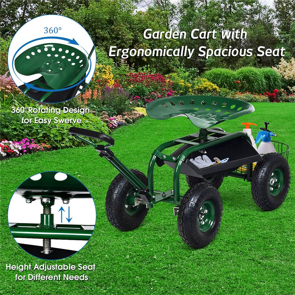 Costway Green & Black Garden Cart Rolling Work Seat with Tray Basket Extendable Handle