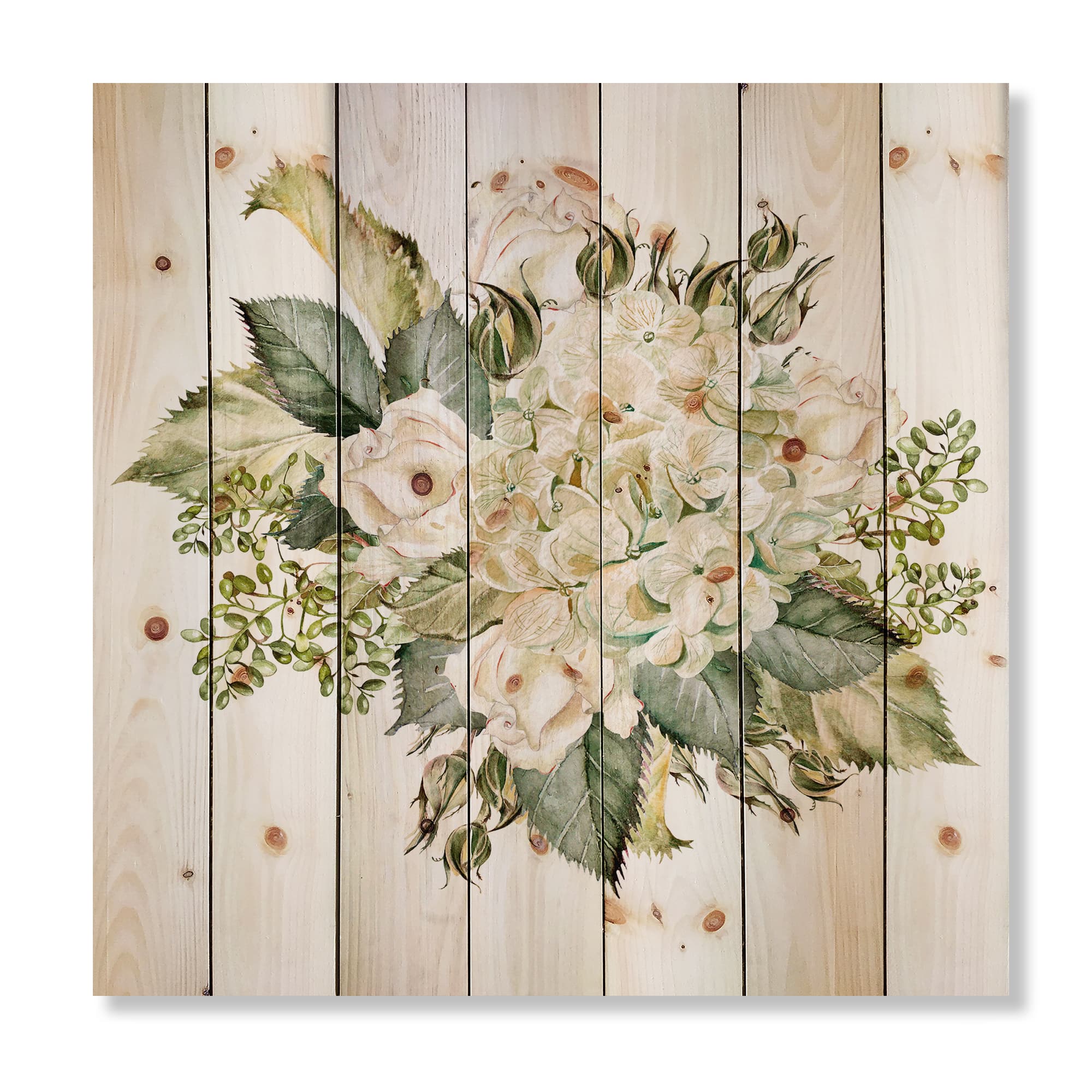 Designart - Beautiful Bouquet With Hudrangea and Roses - Farmhouse Print on Natural Pine Wood