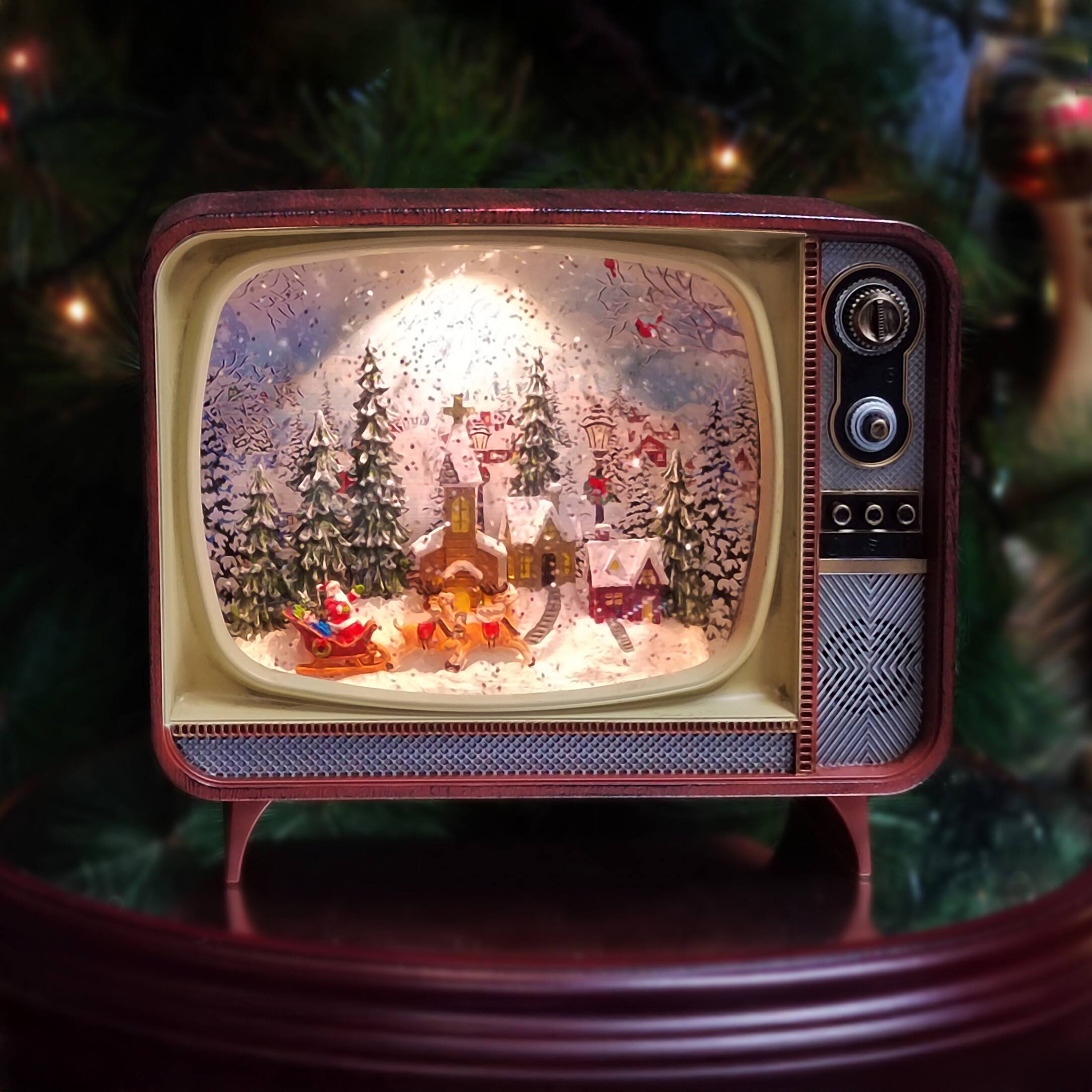Moments in Time 6.7" Brown Retro TV with Village Scene Décor